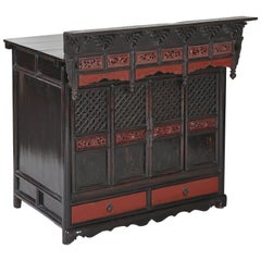 Antique Black/Red Lacquer Table Shrine Cabinet Carved Lattice Doors Chinoiserie