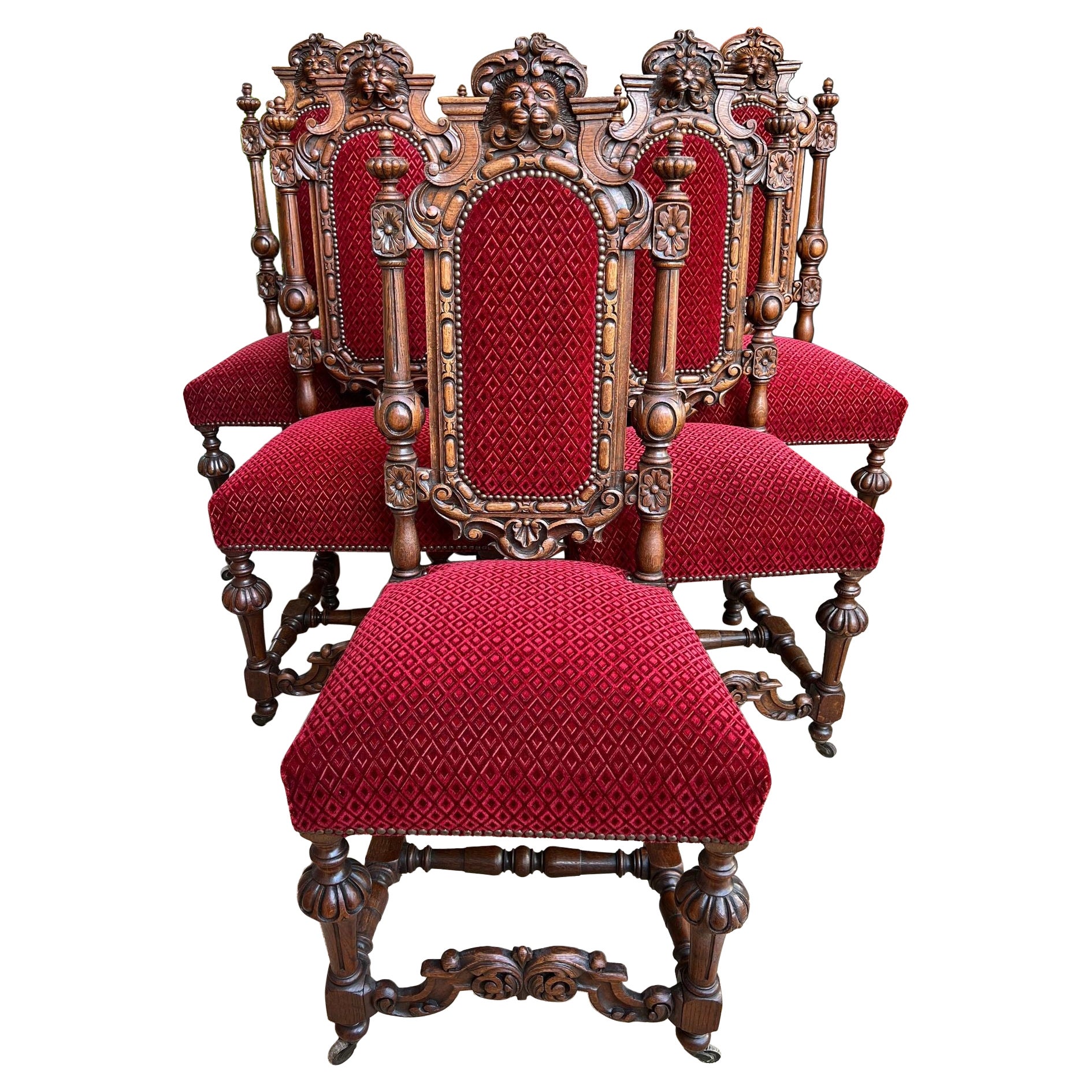 Set 6 Antique French Dining Chairs Renaissance Carved Oak Lion Baroque Louis XIV