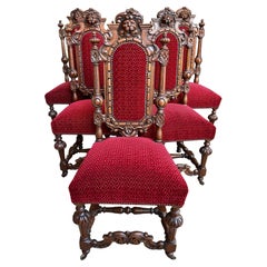 Ensemble de 6 chaises de salle à manger françaises anciennes Renaissance en chêne sculpté et lion baroque Louis XIV