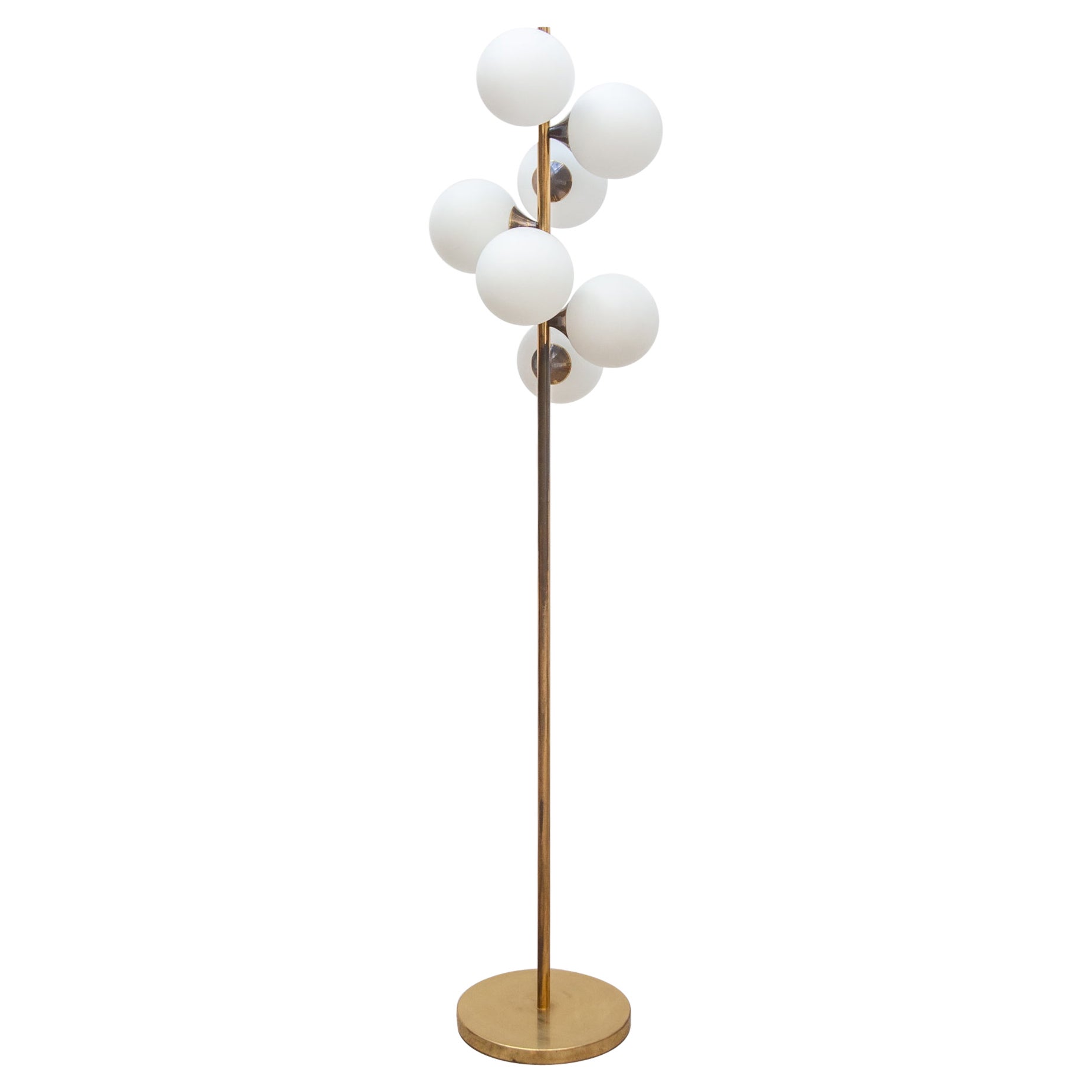 Midcentury Brass and Seven Arm Opaline Globe Floor Lamp by Kaiser, Germany For Sale