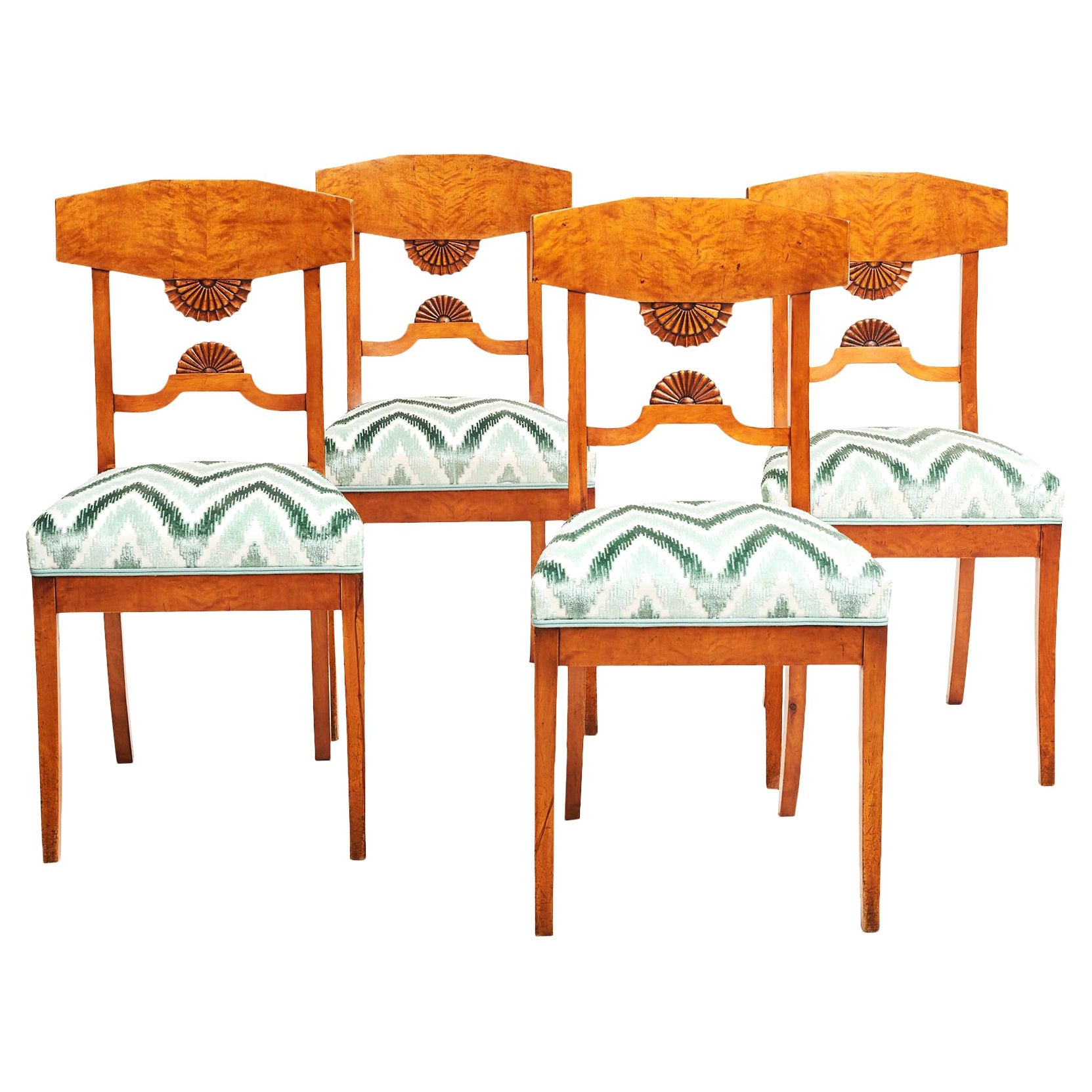 Set of Four Baltic Empire Karelian Flame Birch Dining Chairs For Sale