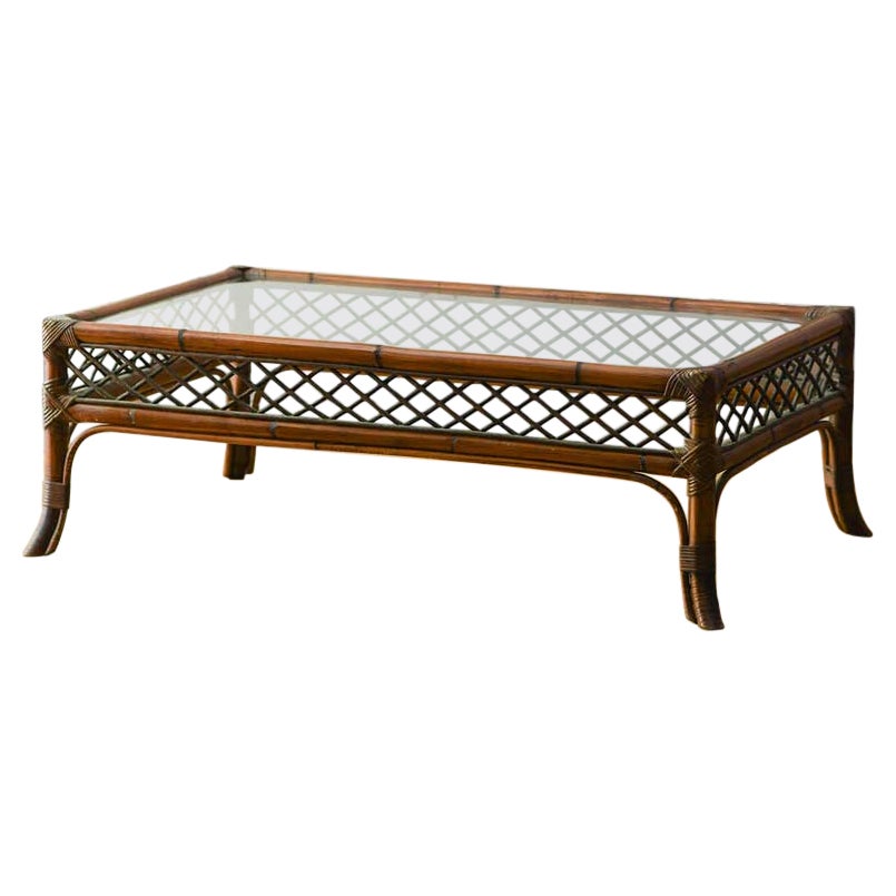 Bamboo coffee table with glass top 1980 For Sale