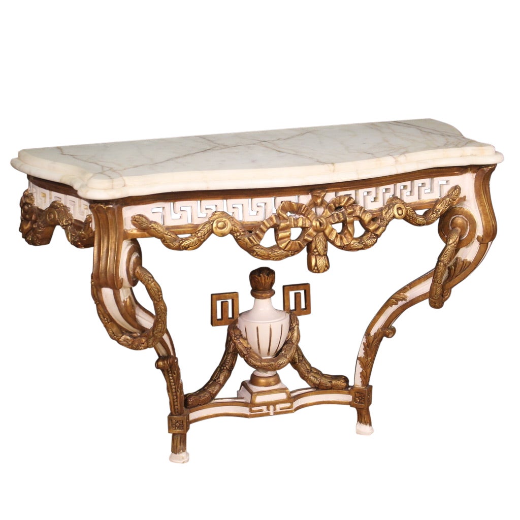 20th Century Lacquered Gold Wood with Marble Top French Louis XV Style Console For Sale