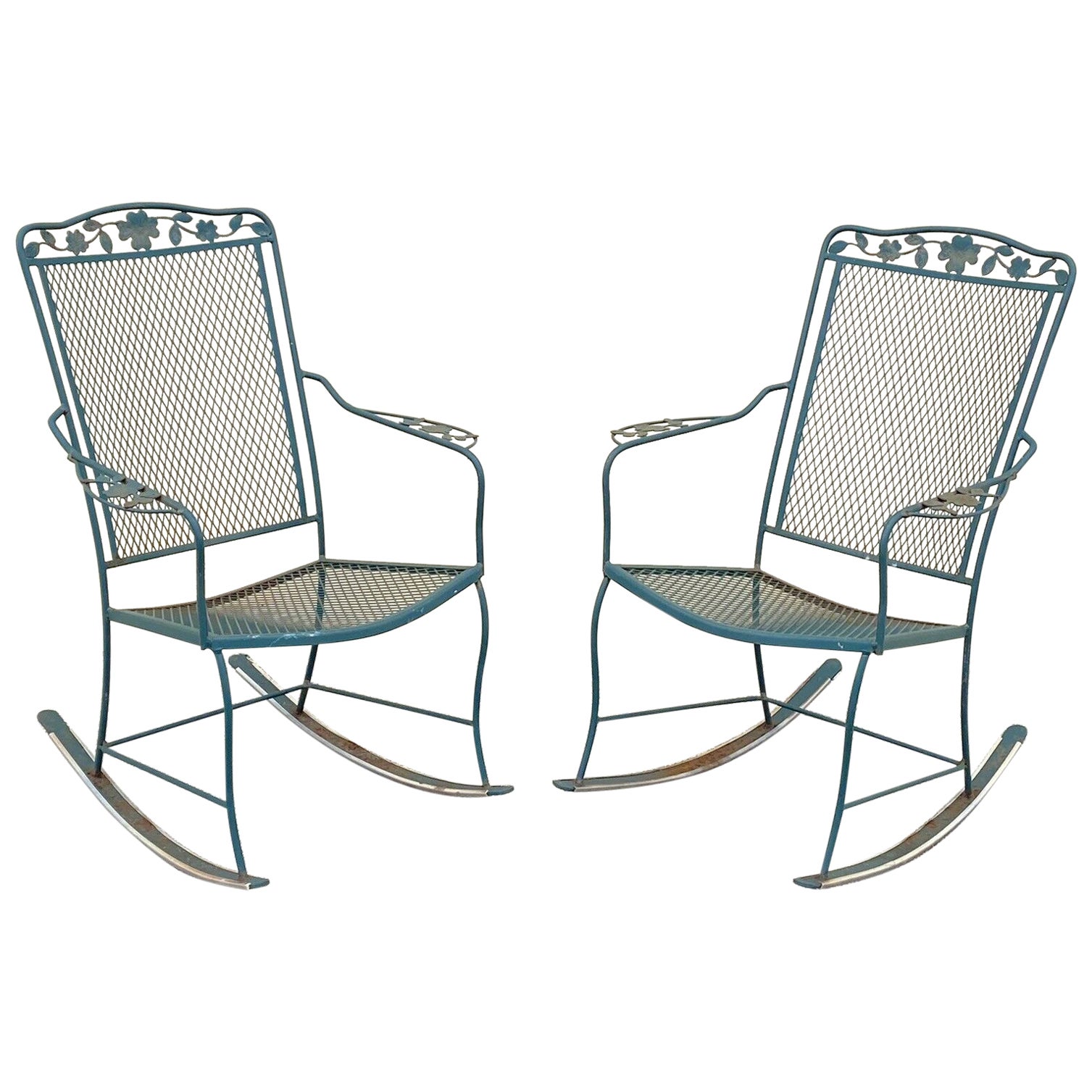 Vtg Wrought Iron Victorian Woodard Style Green Patio Garden Rocking Chair - Pair For Sale