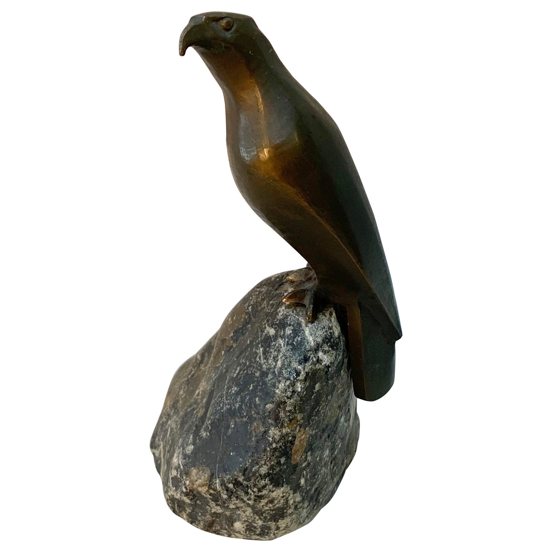 1930s Bronze Sculpture of Falcon Seated on Granite by Charles Reussner