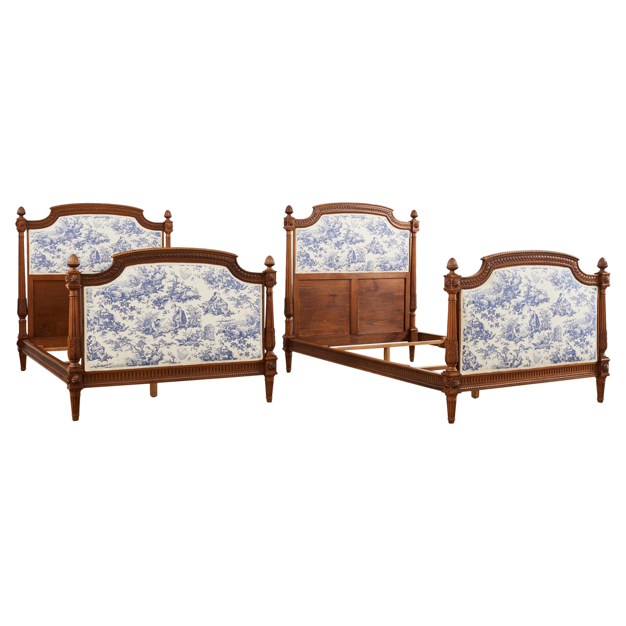 Pair of Louis XVI Style Walnut Carved Beds with Toile  For Sale