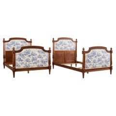 Used Pair of Louis XVI Style Walnut Carved Beds with Toile 