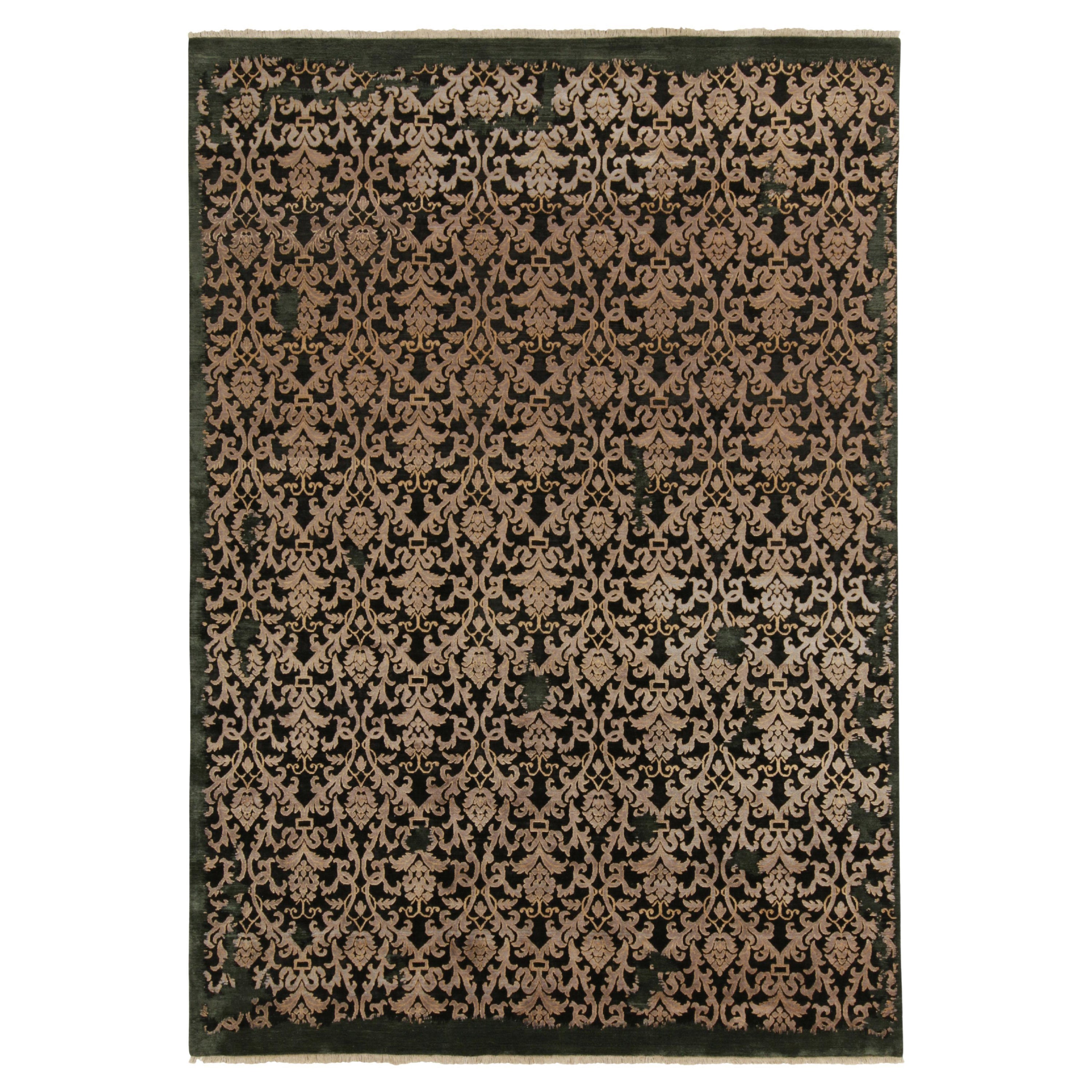 Rug & Kilim’s Classic-Style Rug in Silver Floral Patterns on Black & Green For Sale