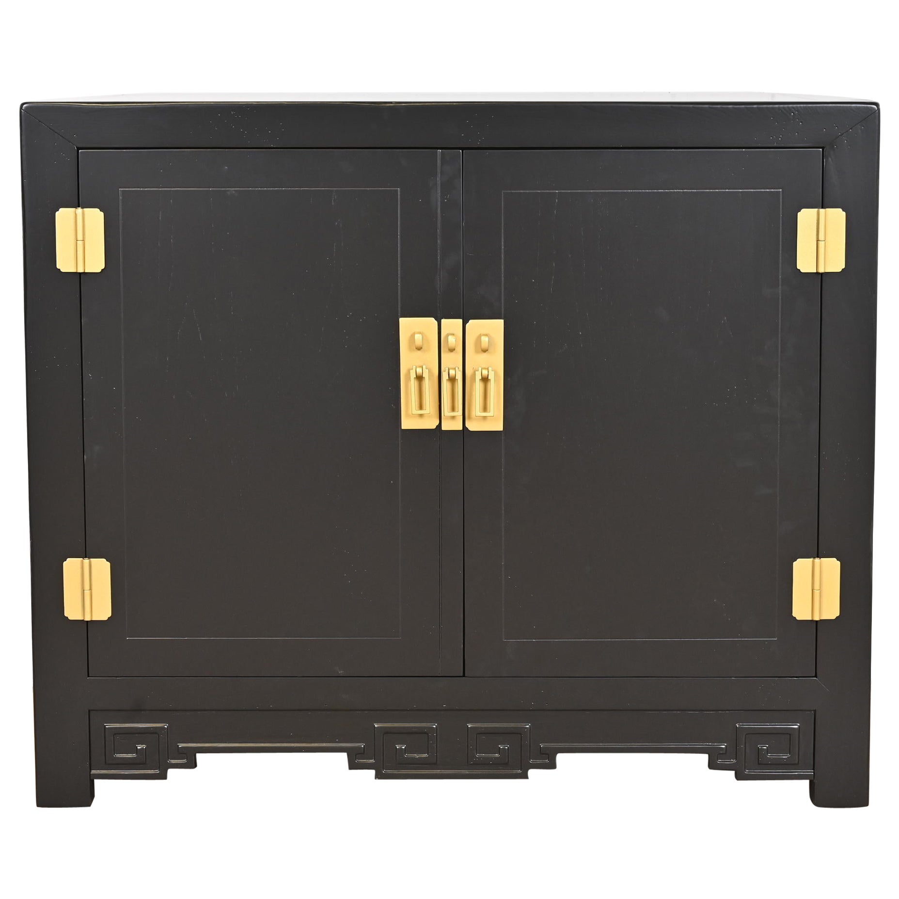 Michael Taylor for Baker Hollywood Regency Black Lacquered Bar Cabinet, Restored For Sale
