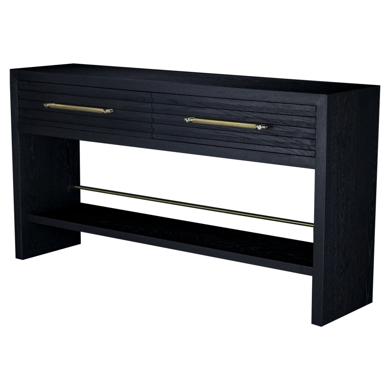 Atwater Drawer Console, by AMBROZIA, Solid Ebonized Oak, Brown Leather & Brass For Sale