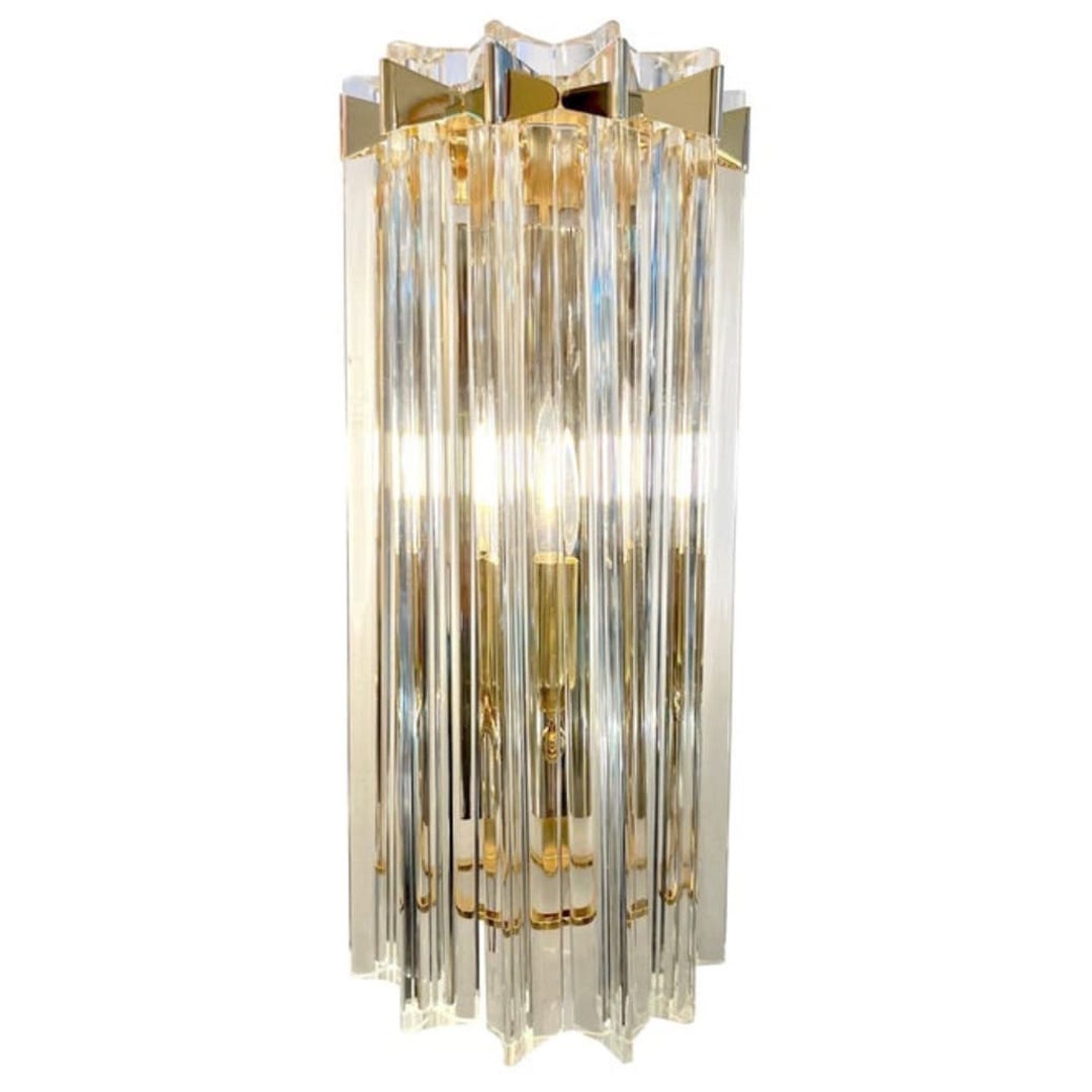 Italian Contemporary Minimalist Brass Crystal Clear Murano Glass Sconce For Sale