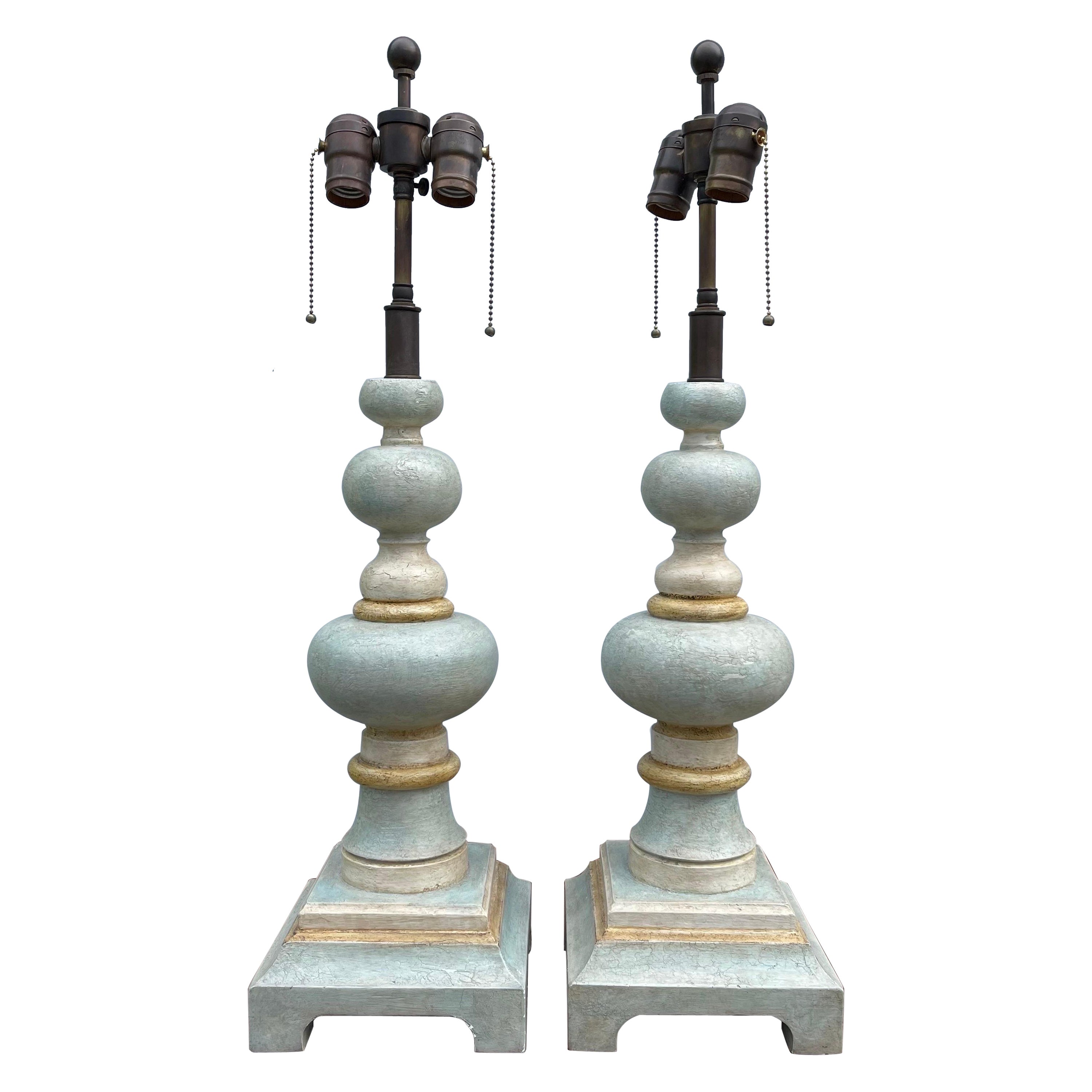 Hollywood Regency Painted Patinated Carved Wood Bobbin Tables Lamps, a Pair For Sale