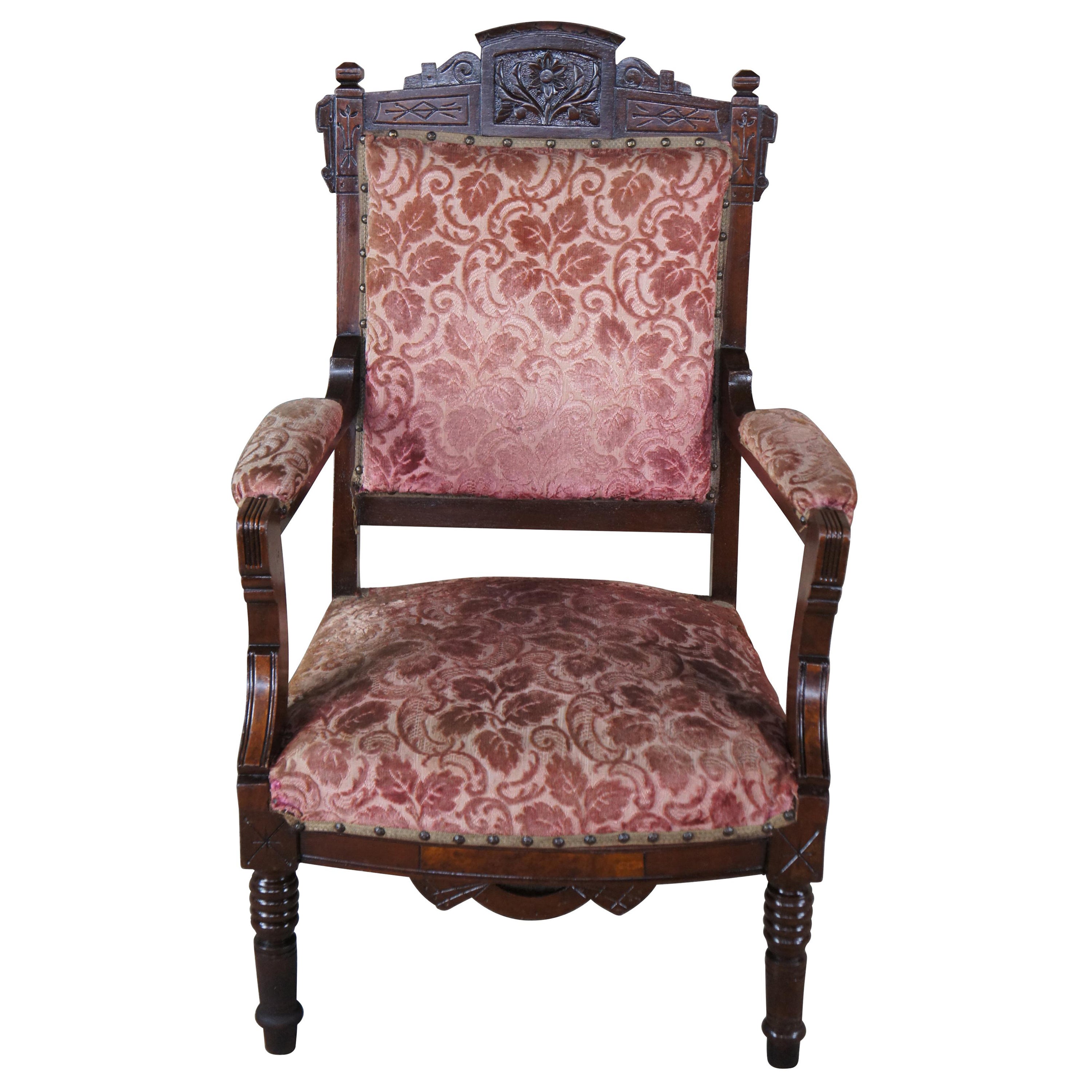 Antique Victorian Eastlake Carved Walnut Gentleman's Parlor Fauteuil Arm Chair For Sale