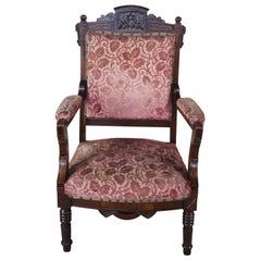 Antique Victorian Eastlake Carved Walnut Gentleman's Parlor Fauteuil Arm Chair