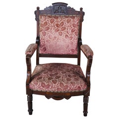 Antiguo sillón de salón victoriano Eastlake de nogal tallado Fauteuil para caballeros