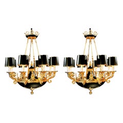 A Pair of Large Empire Style 8 Arm Dore Bronze Chandeliers