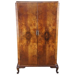 Antique English Art Deco Matchbook Walnut Armoire Wardrobe Chifforobe Cabinet