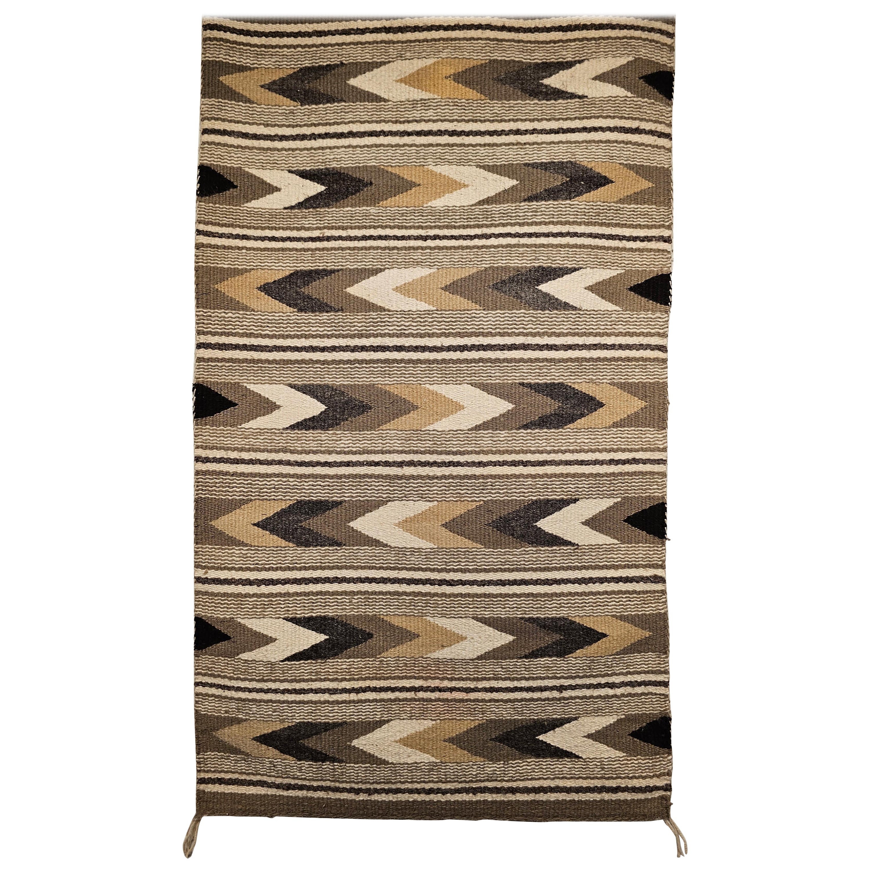 Vintage American Navajo Rug in Chevron Stripe Pattern in Gray, Ivory, Black