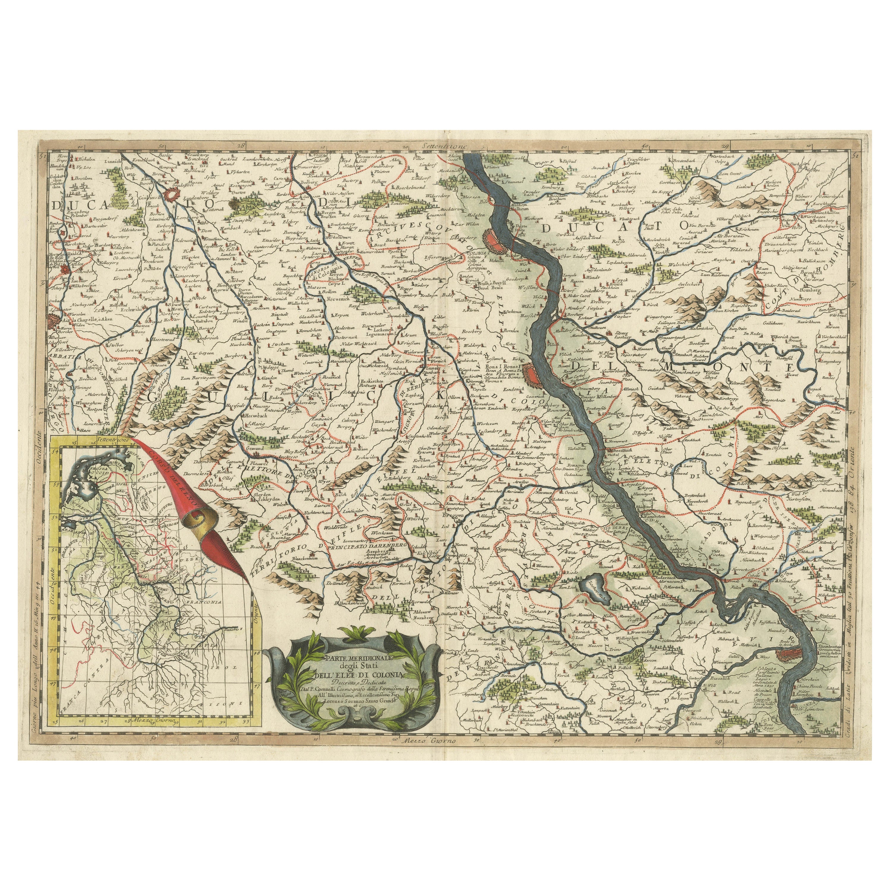 Antique Map of the course of the Rhine from Lahnstein to Rheinkassel, Germany For Sale