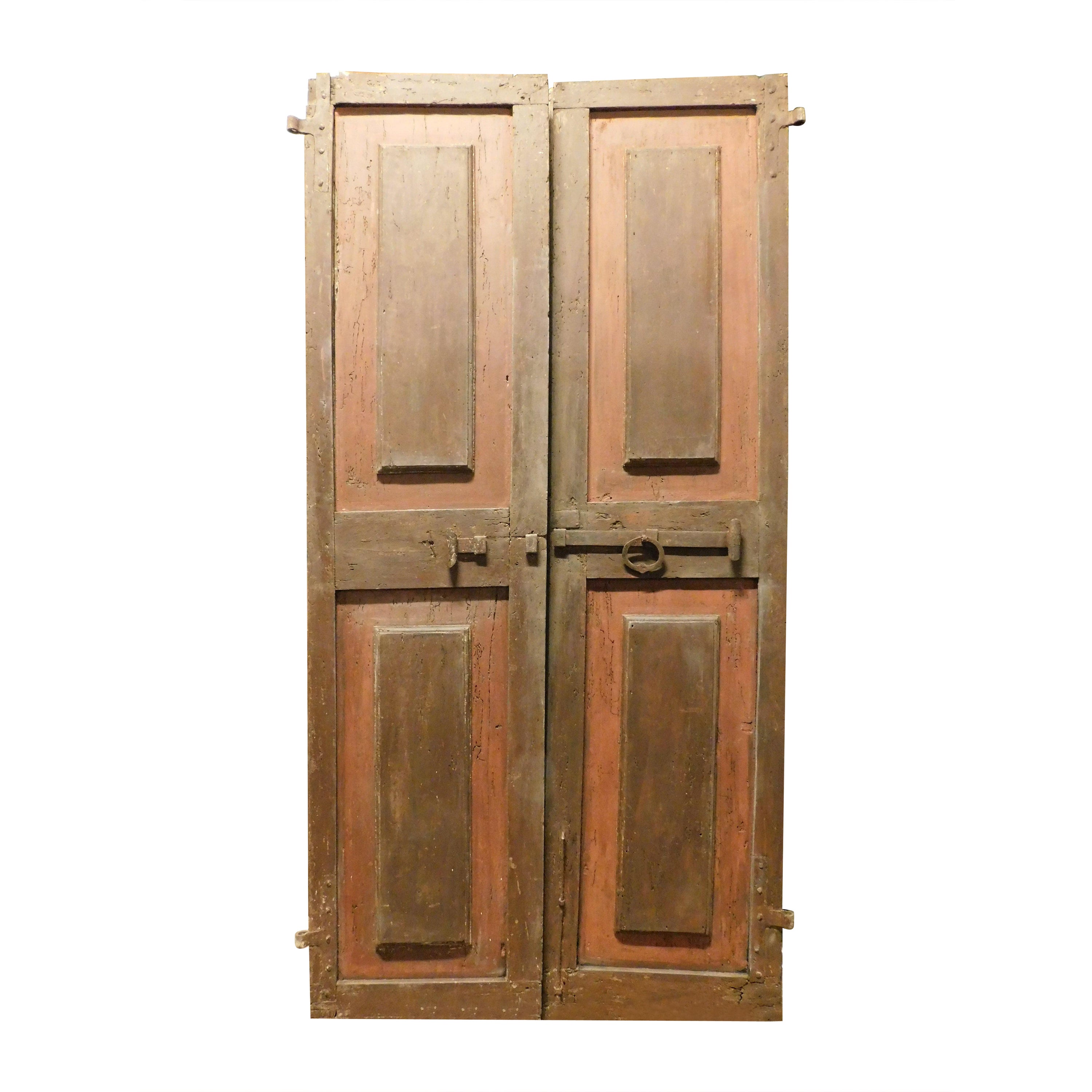 Red lacquered interior double door with iron bolt, Italy For Sale