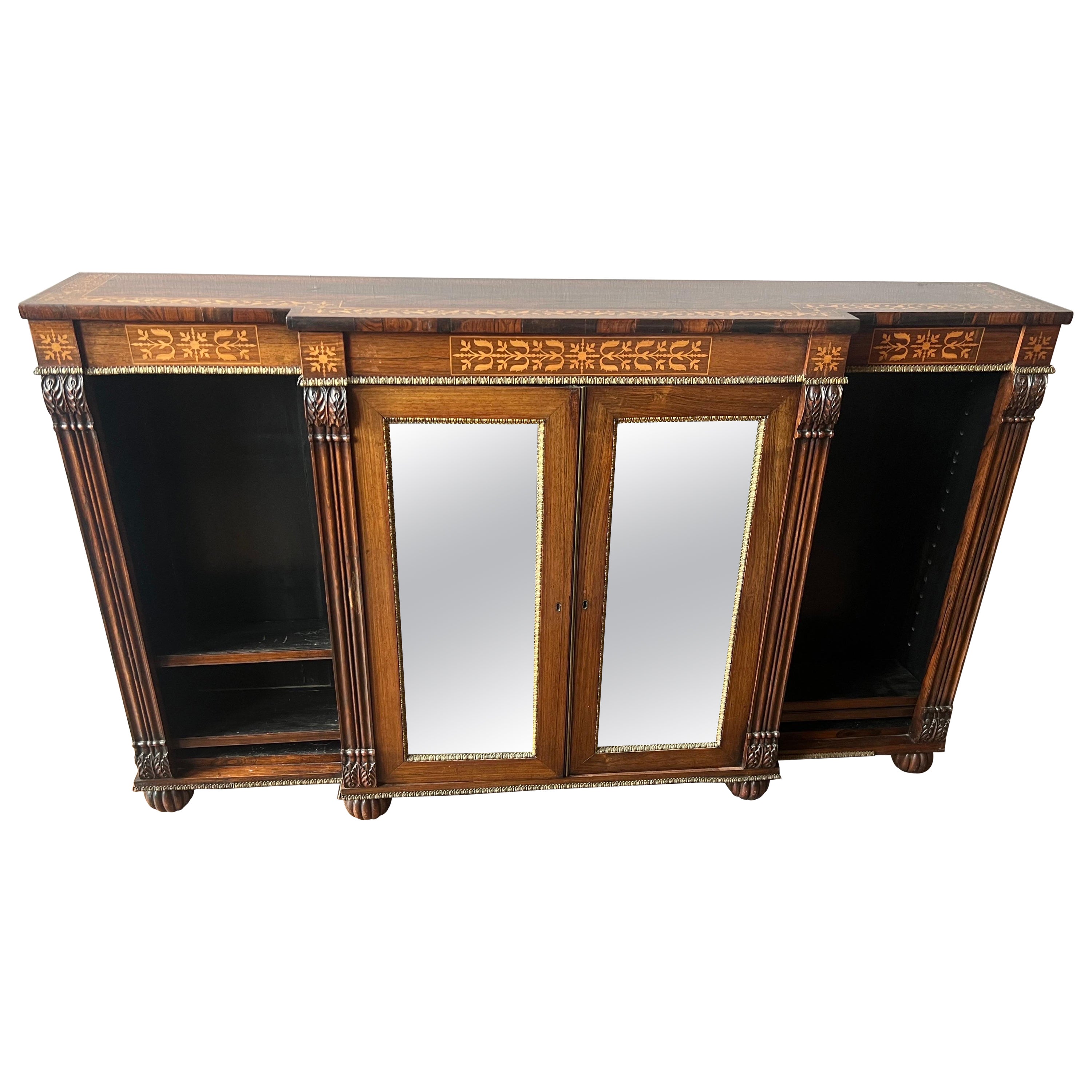 19th Century English Regency Inlaid Rosewood Breakfront Bookcase Cabinet  For Sale