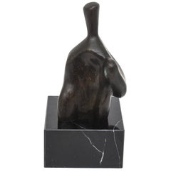 Vintage Bronze Henry Moore Style Abstract Sculpture On Black Veined Marble Base