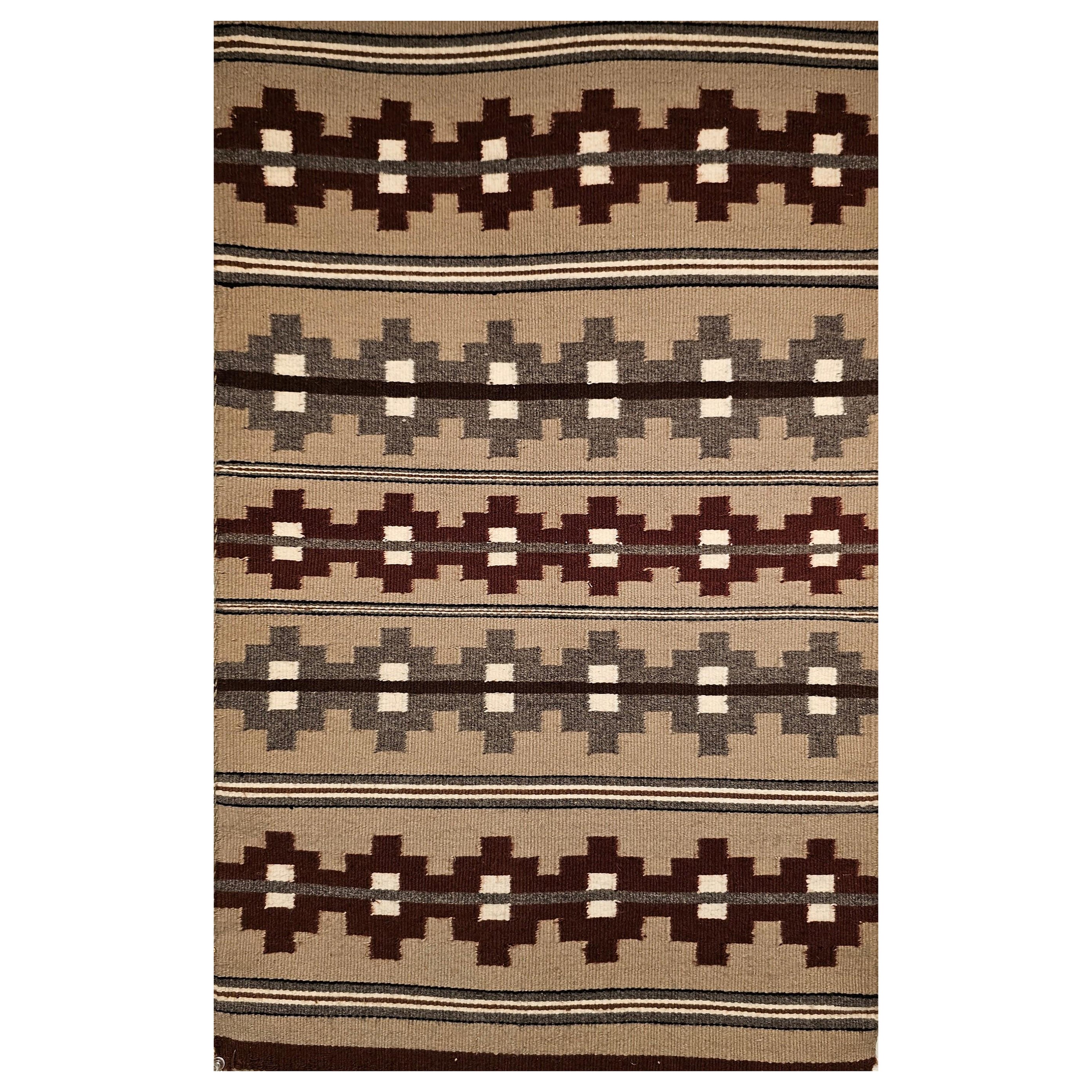 Vintage Navajo Rug in a Banded Pattern in Burgundy, Gray, Ivory, Taupe, Brown For Sale