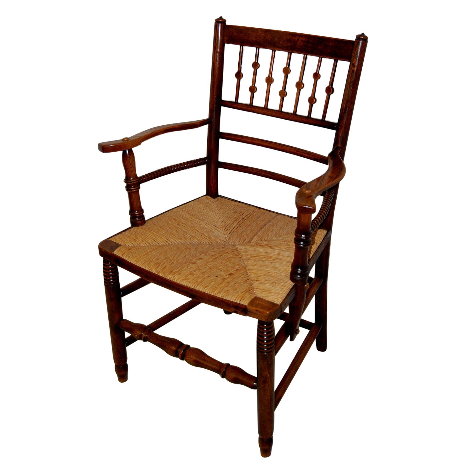 English Arts and Crafts Period Spindle Back Rush Seated  Elm Armchair For Sale