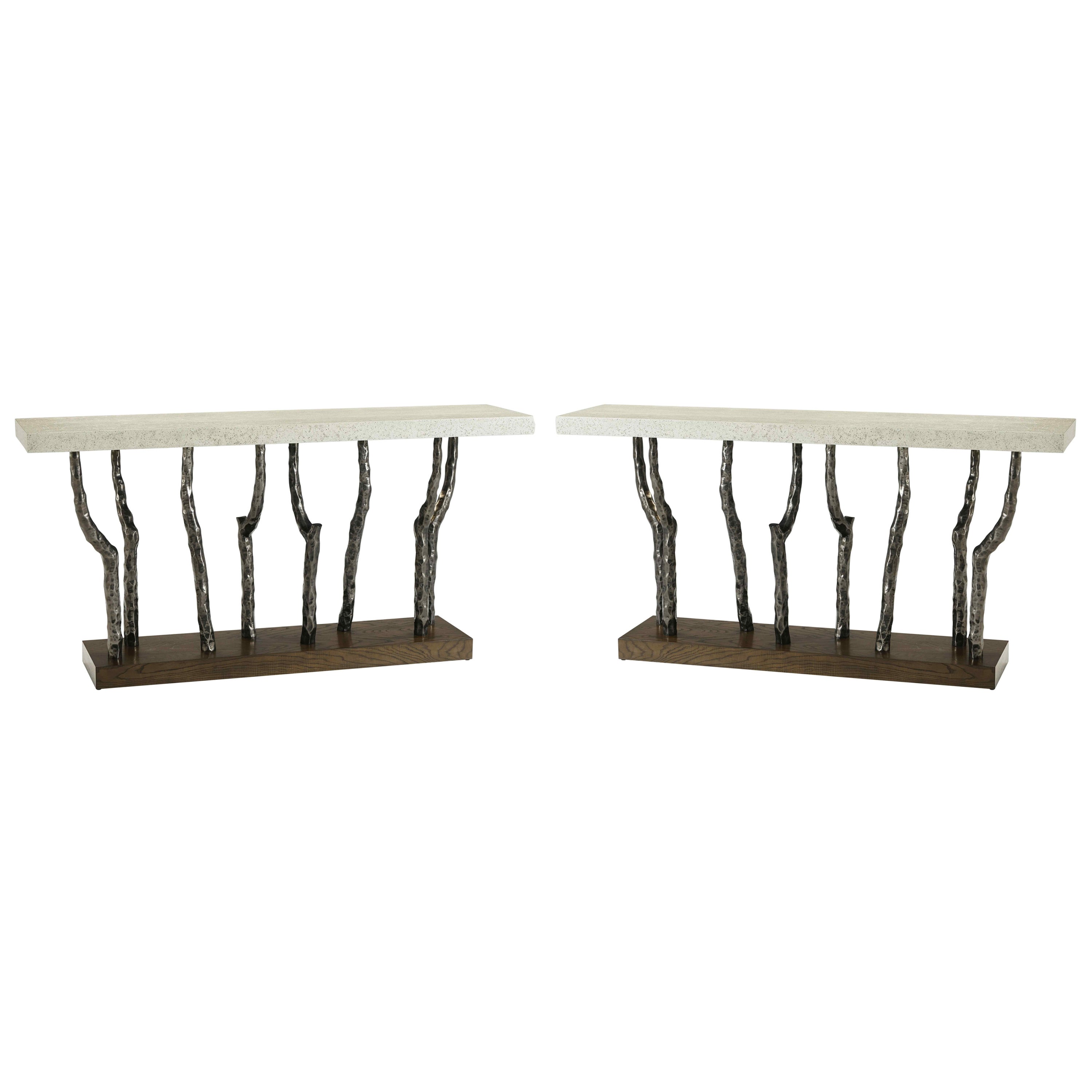 Pair of Modern Faux Bois Console Tables- Dark For Sale