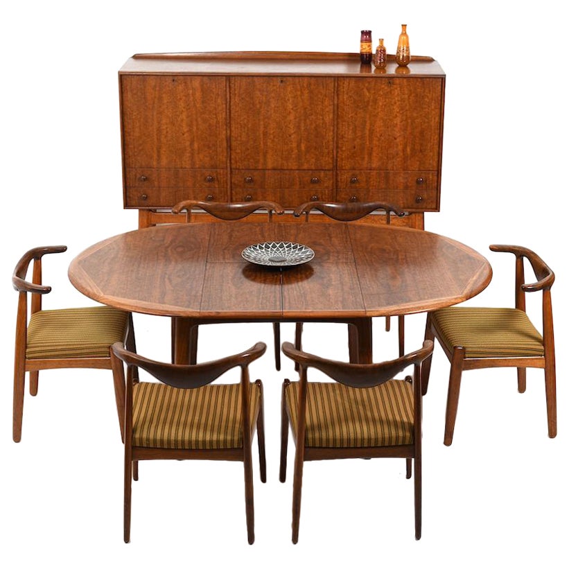 Rare Dining Room Set / Cowhorn Chairs, Table and Cabinet by Svend Aage Madsen For Sale