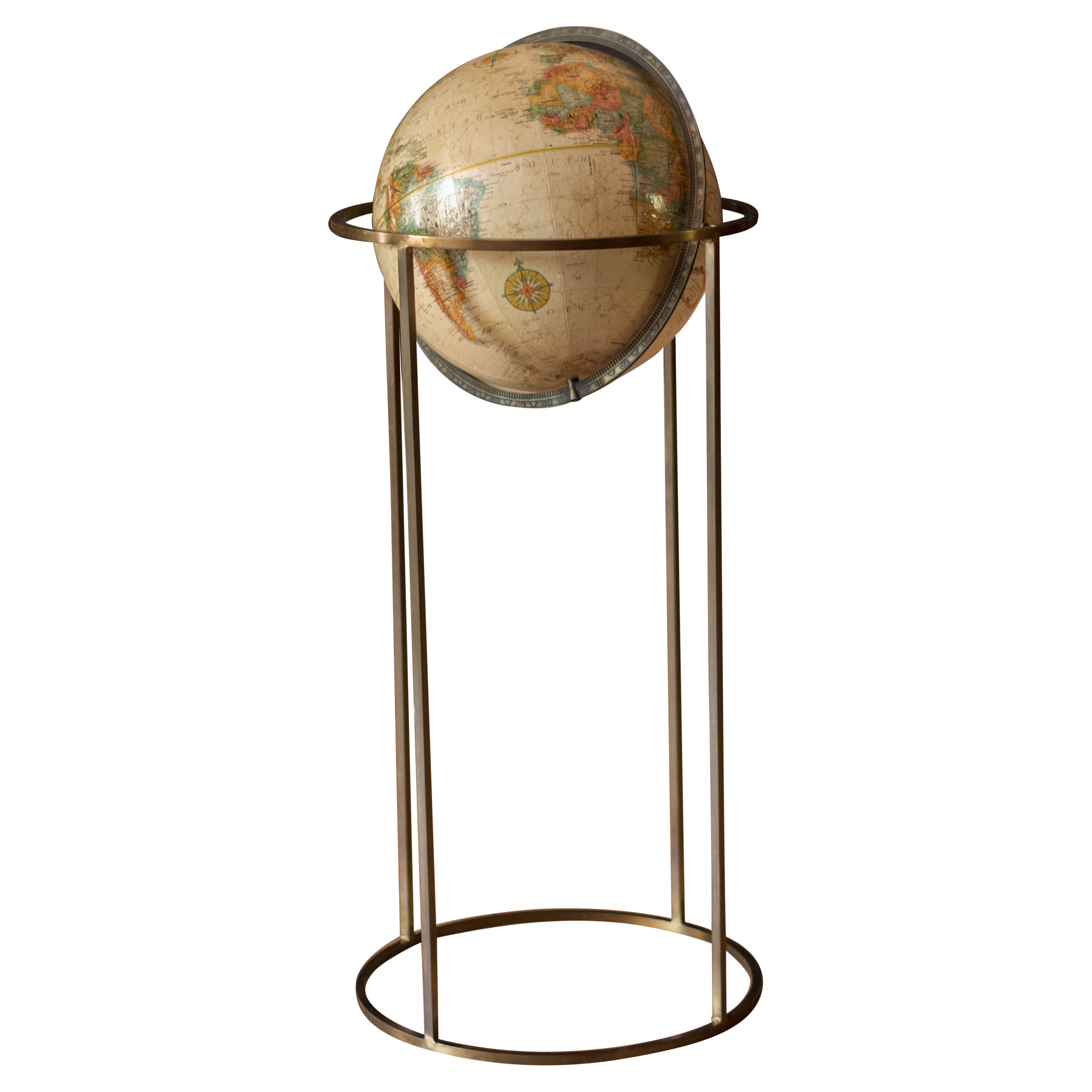 Mid Century Modern 1970s Rotating Replogle World Globe with Brass Floor Stand 
