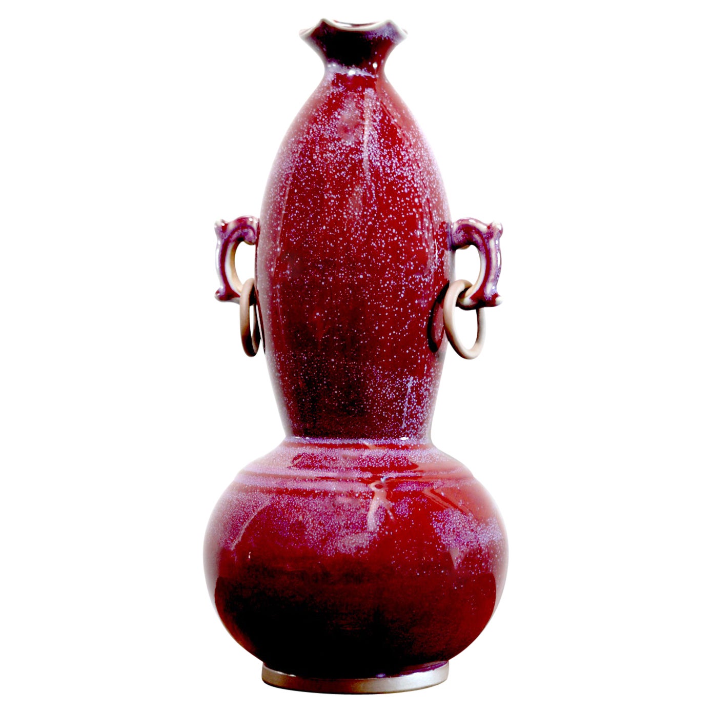 Rare Sang de Boeuf du 19e siècle, vase en calebasse à oreilles, anneaux en cuivre