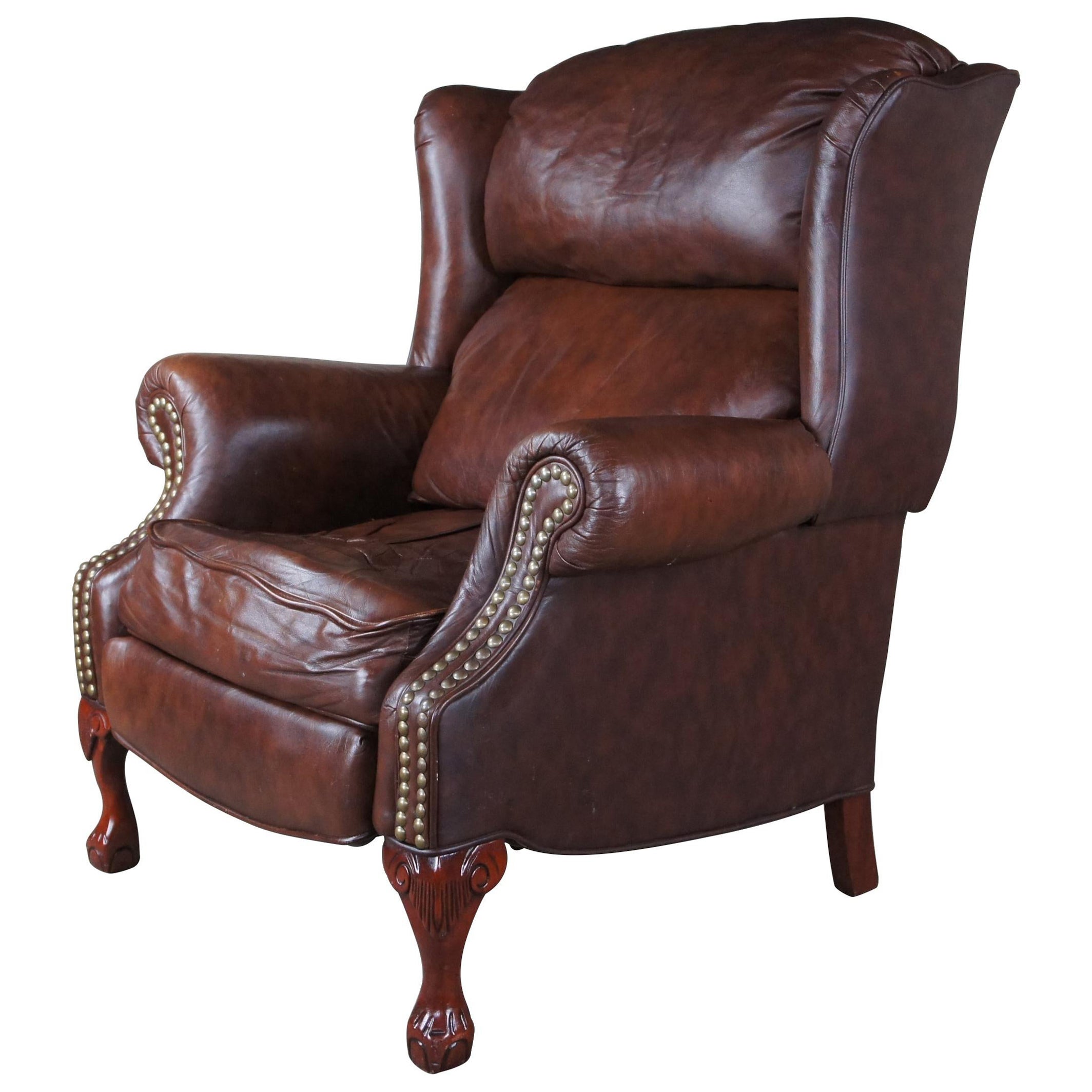 Bradington Young Maxwell Brown Leather Chippendale Wingback Recliner
