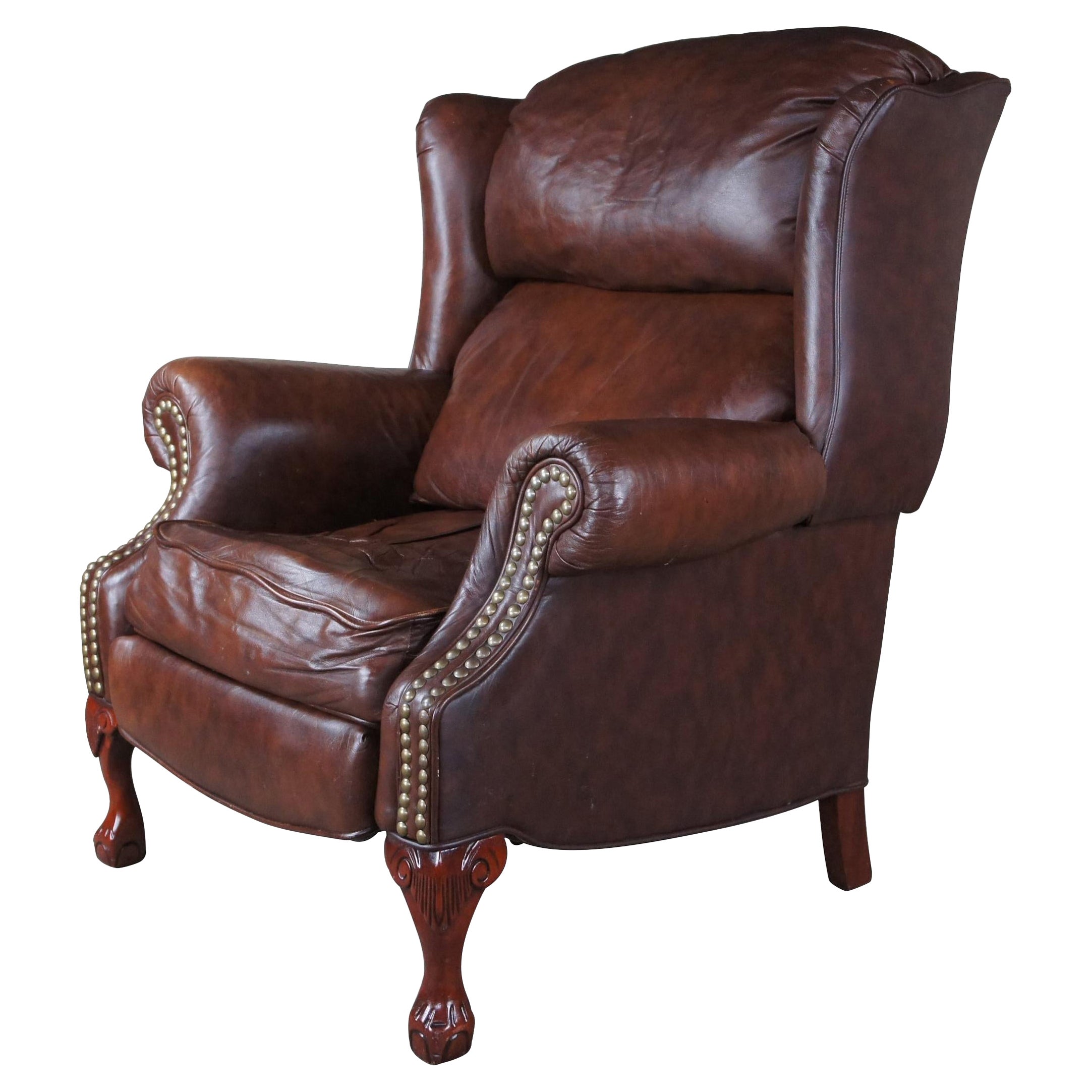 Bradington Young Maxwell Brown Leather Chippendale Wingback Recliner Arm Chair