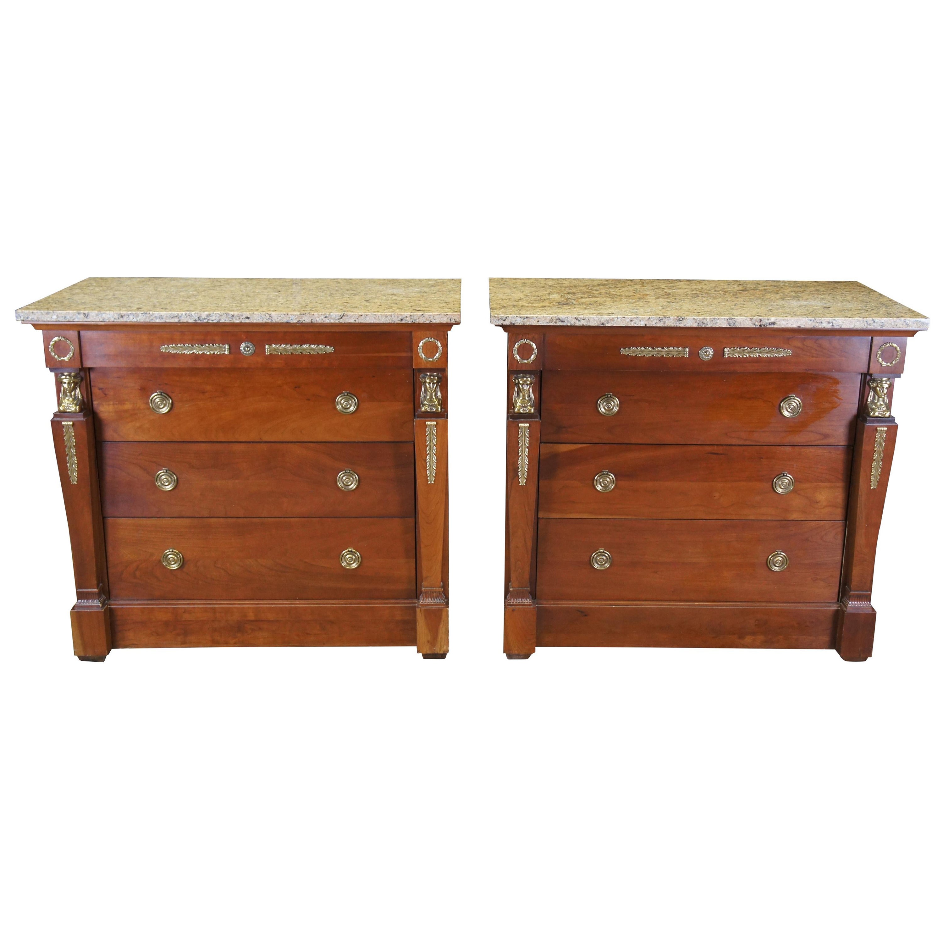 2 Harden French Empire Egyptian Revival Cherry Marble Nightstands Commodes Chest For Sale