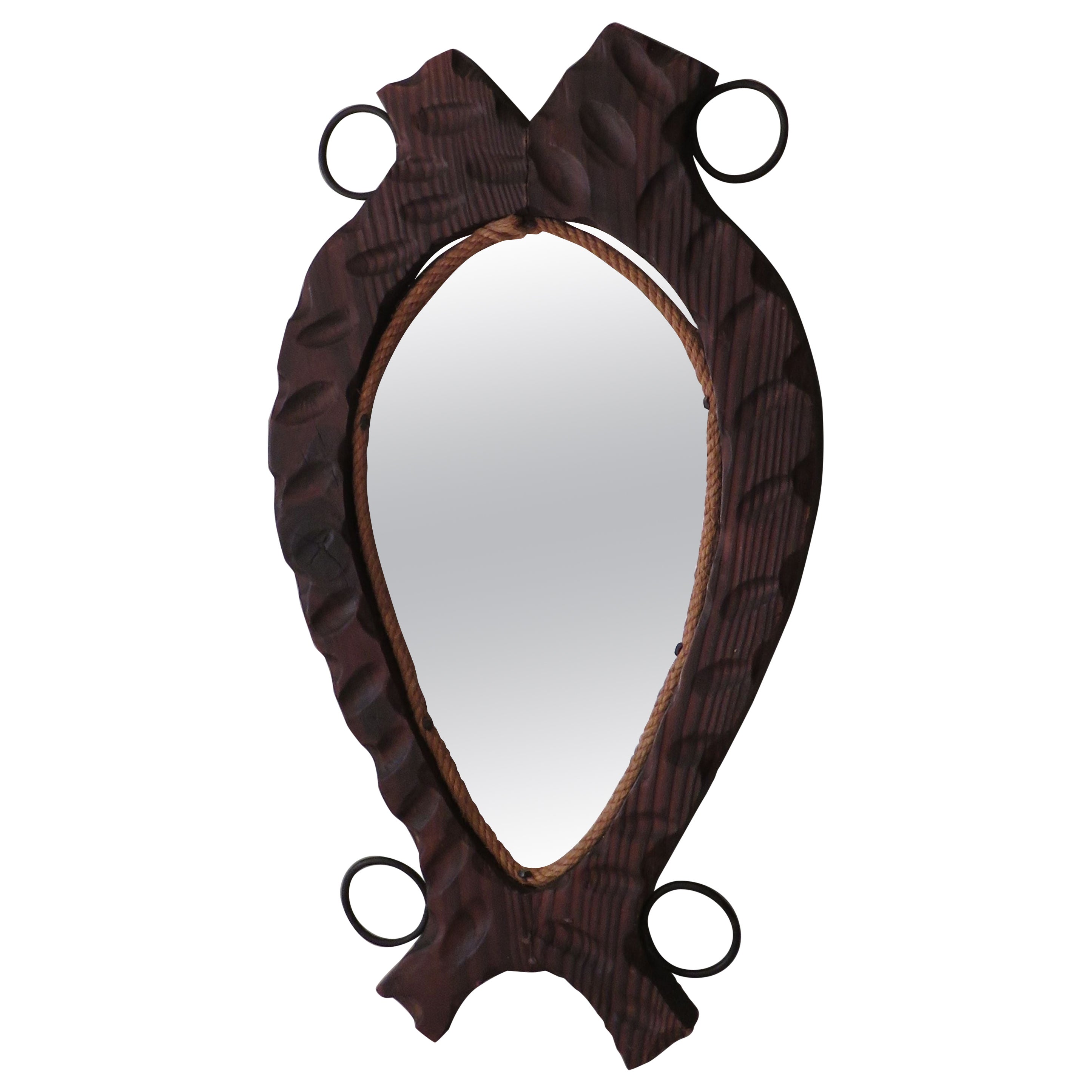 Brutalist Spanish mirror with dark wood frame, 1960s
