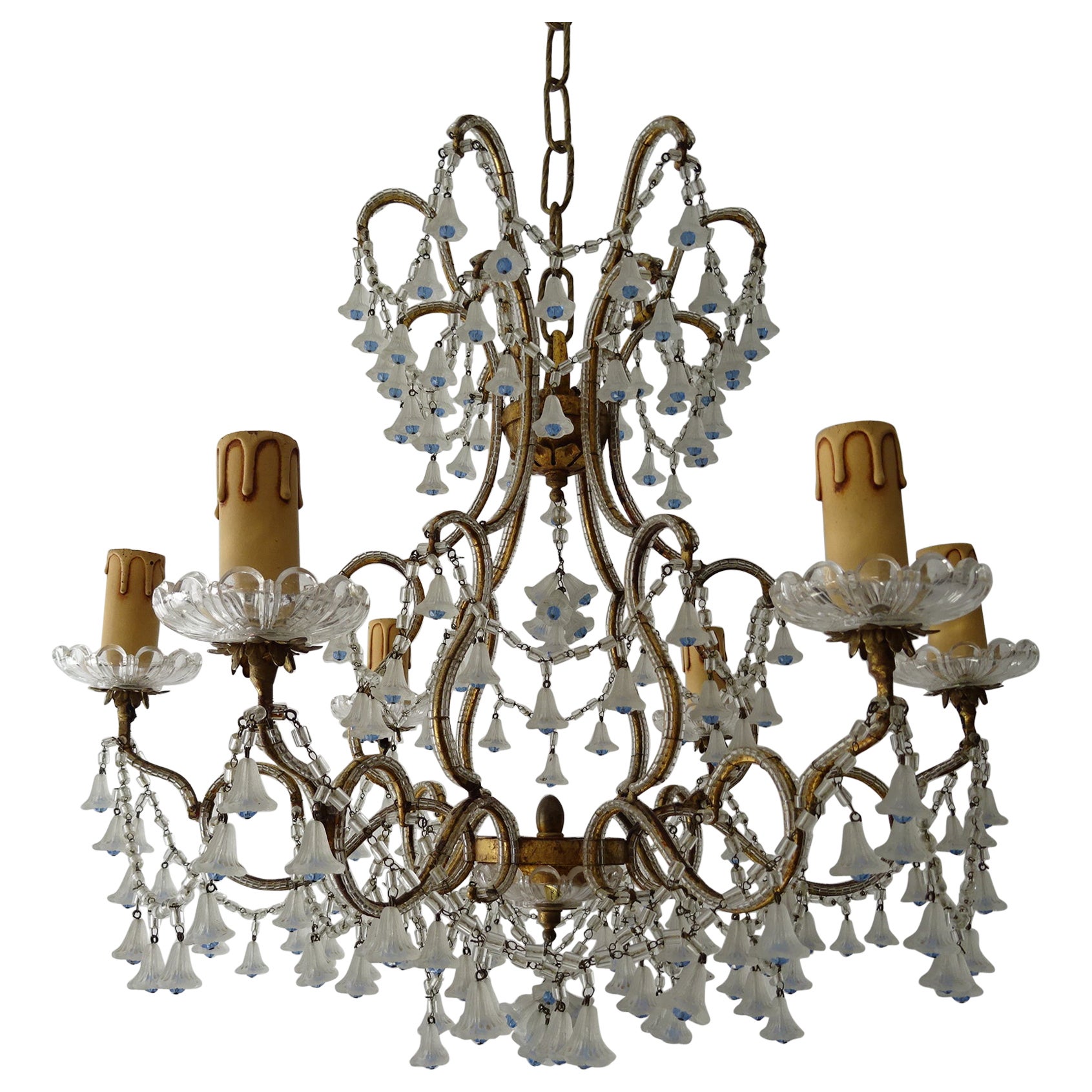 Rare French Beaded Murano Flower Bells Blue Beads Chandelier, circa 1930 For Sale