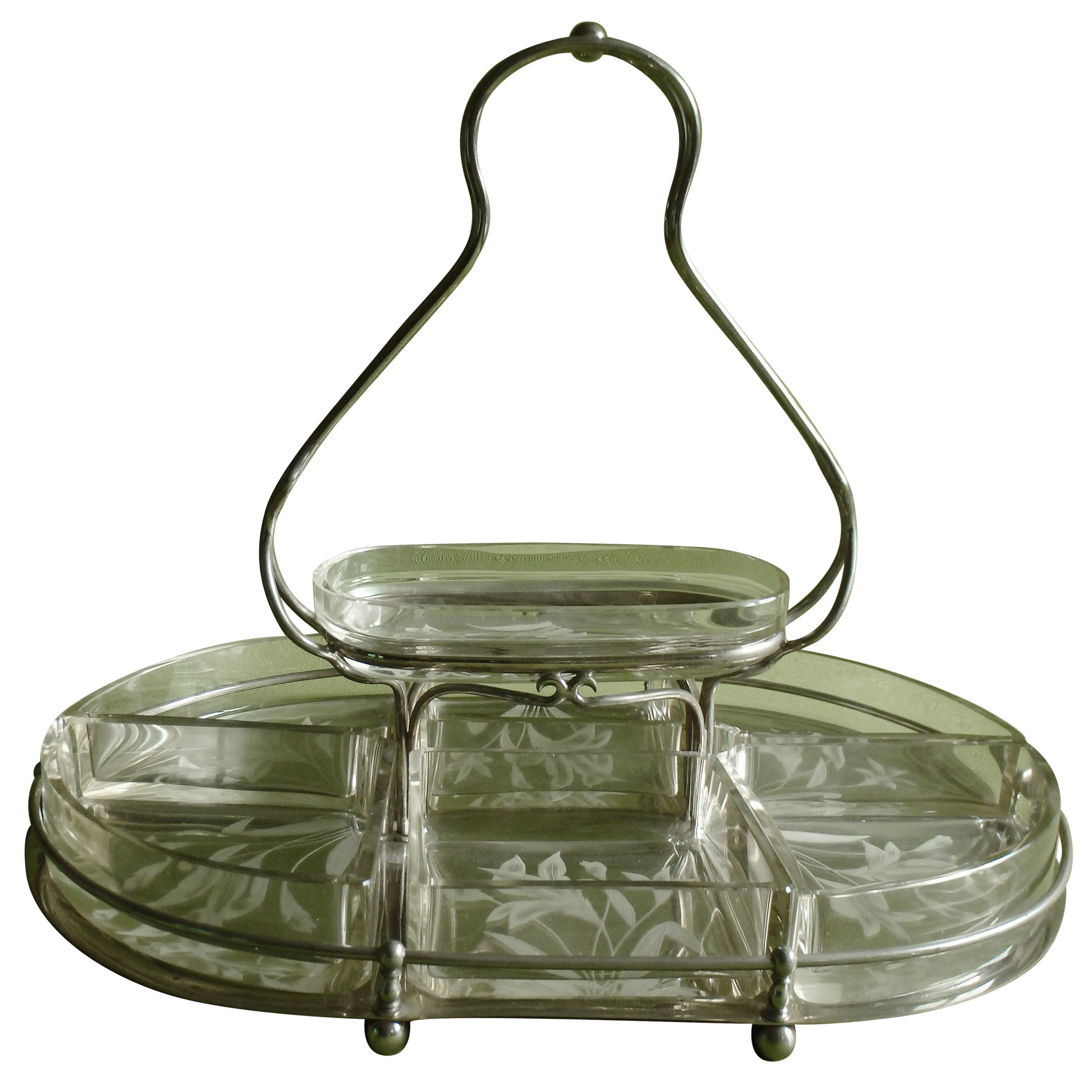 Art Nouveau huge serving stand with crystal bowls with engraved flowers  