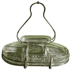Antique Art Nouveau huge serving stand with crystal bowls with engraved flowers