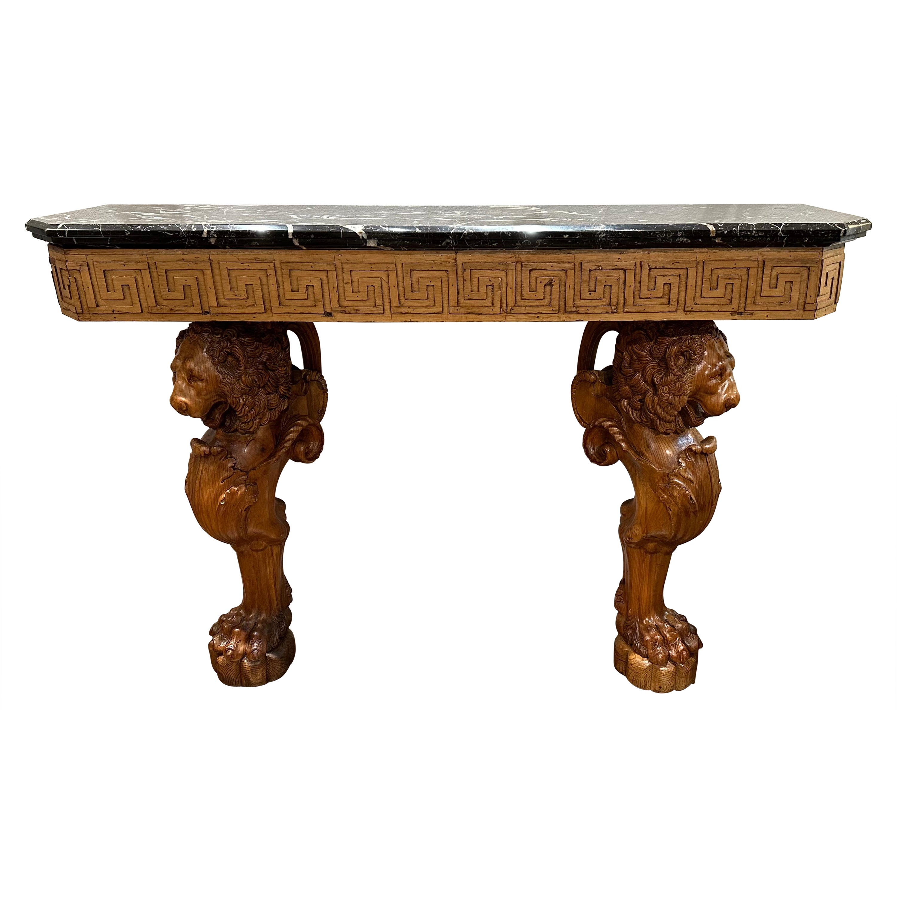 Carved Lion Marble Top Console Table For Sale