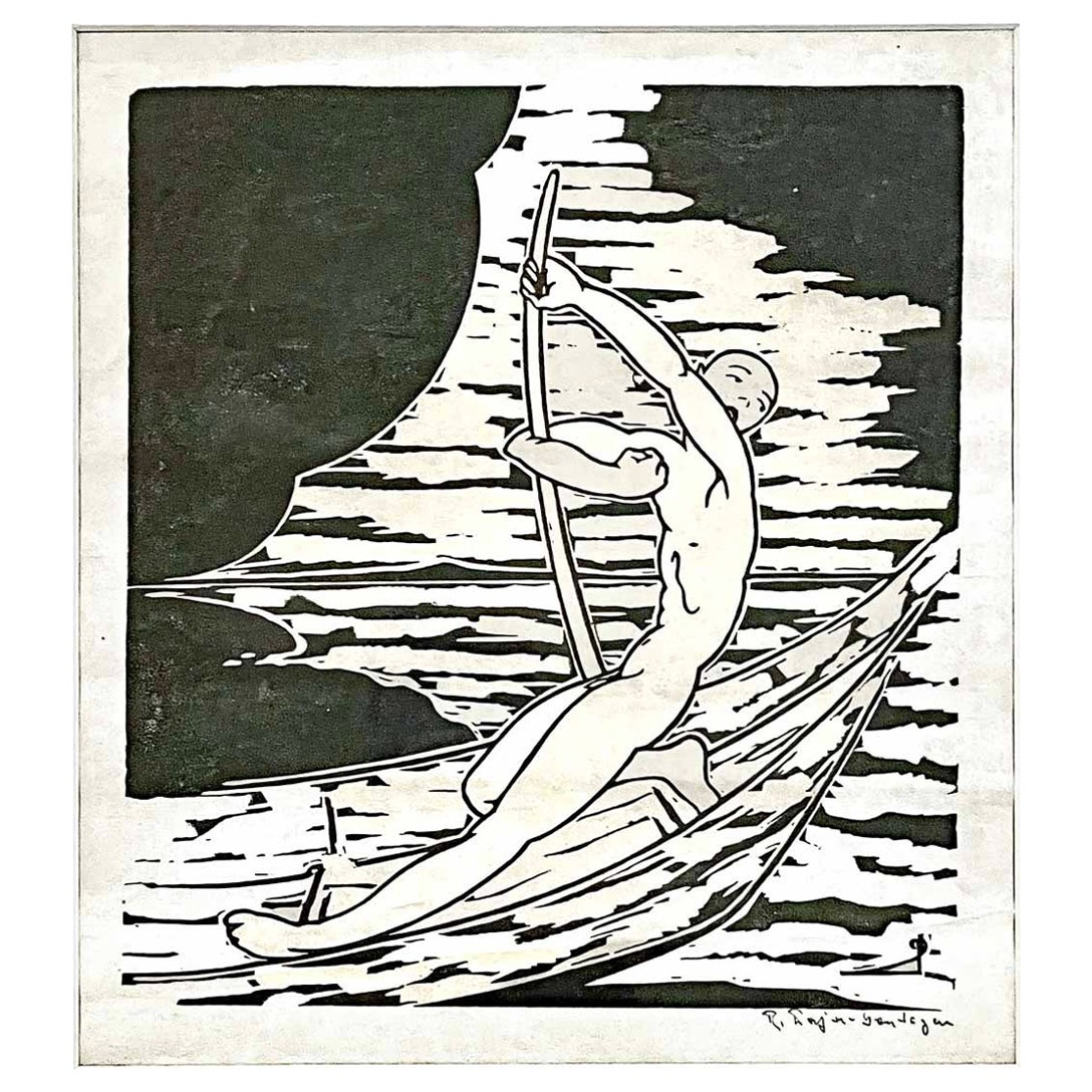 "Punting in Moonlight", Rare Art Deco Woodcut Print by Pajer-Gartegen