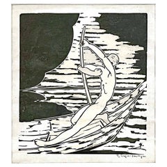 Antique "Punting in Moonlight", Rare Art Deco Woodcut Print by Pajer-Gartegen