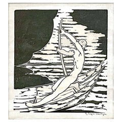"Canottaggio al chiaro di luna", rara stampa xilografica Art Déco di Pajer-Gartegen
