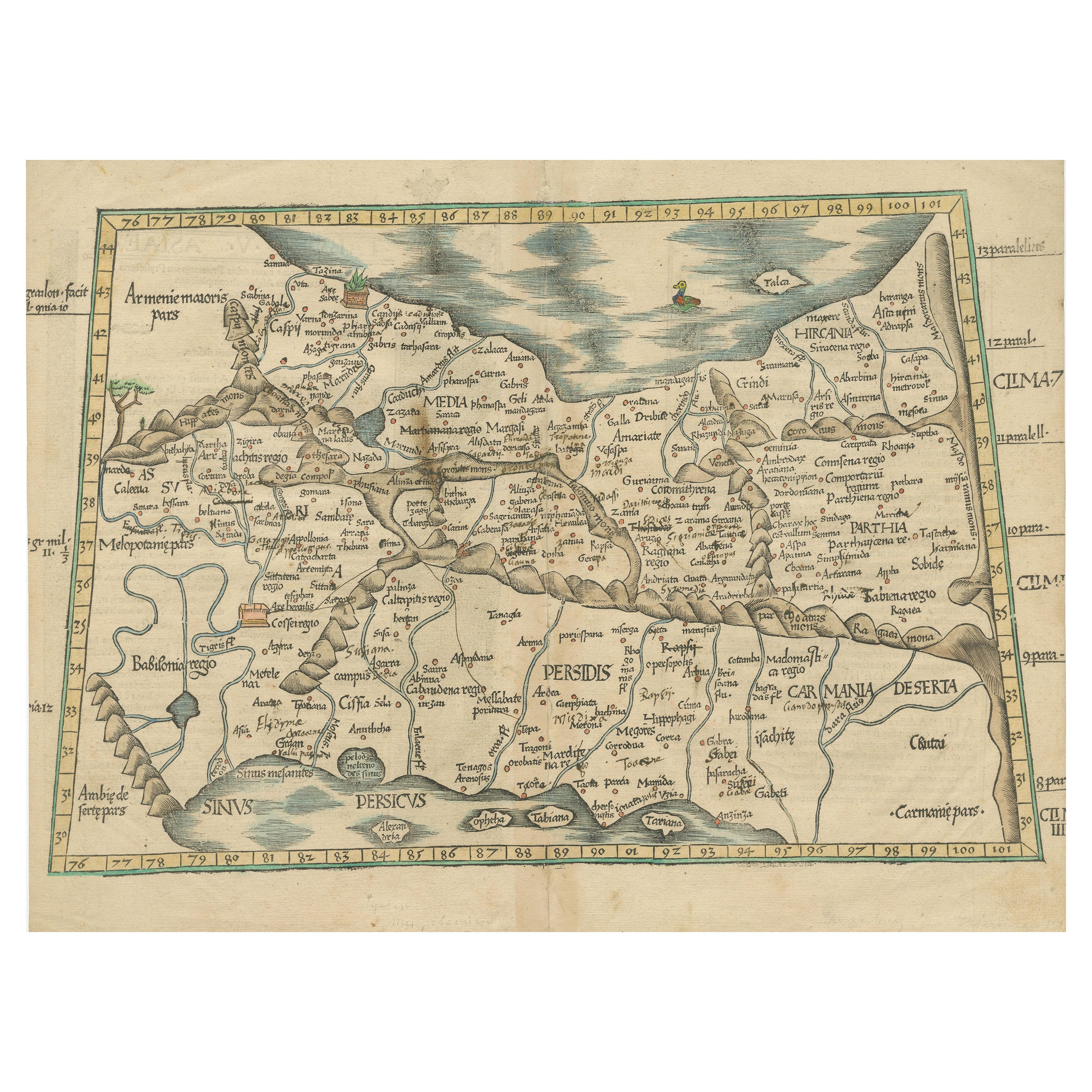 Original Antique Woodcut Map of Persia For Sale