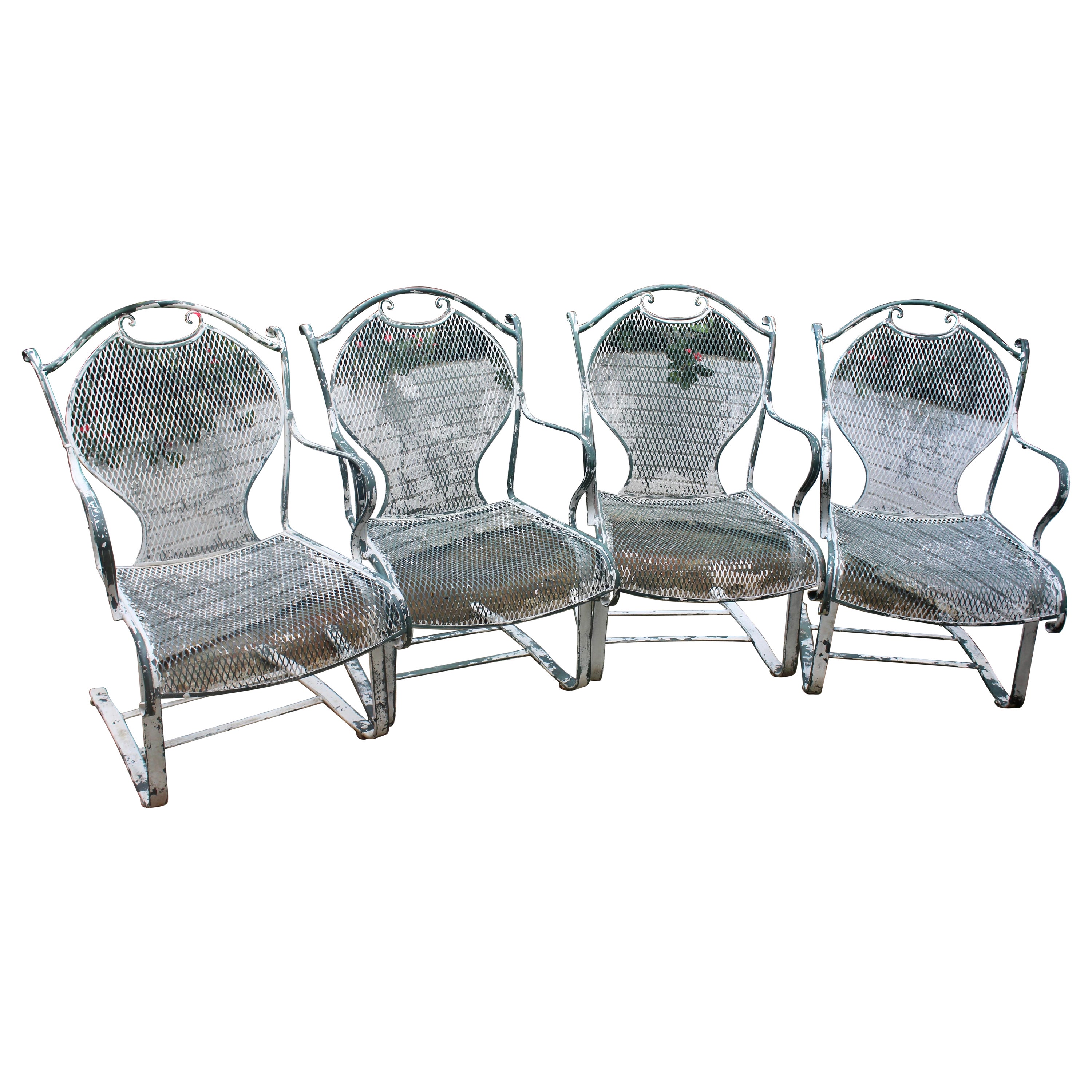 Russell Woodard Mid-Century Wrought Iron Mesh Cantilever Chairs-Set of 4 For Sale