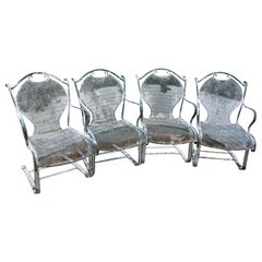 Vintage Russell Woodard Mid-Century Wrought Iron Mesh Cantilever Chairs-Set of 4