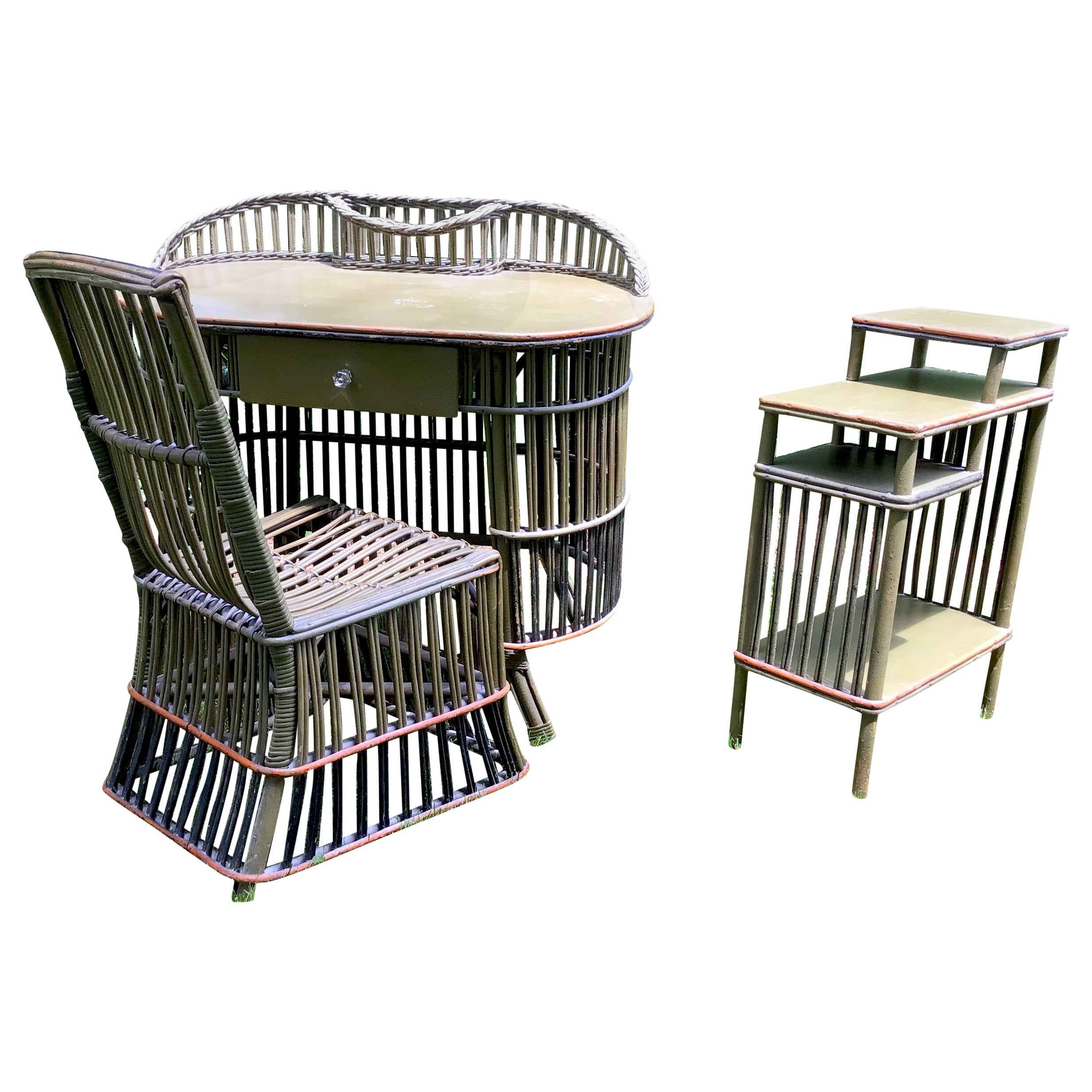 Antique Wicker Desk with Chair and Telephone Table For Sale