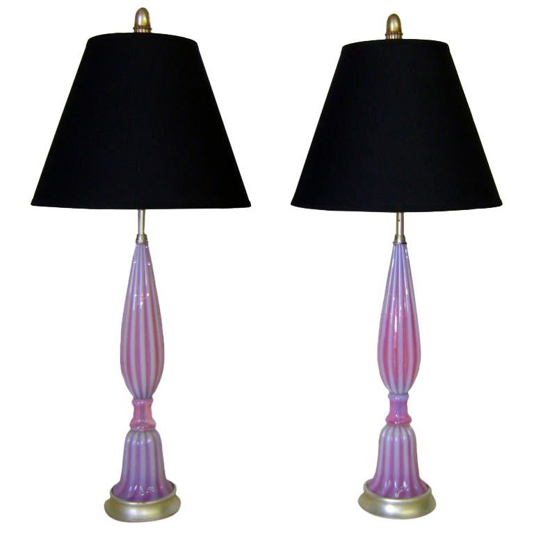 Pair of Slender Fluted Pink Seguso Table Lamps For Sale