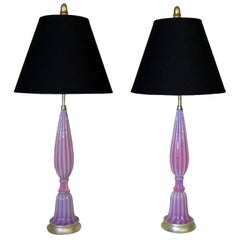 Pair of Slender Fluted Pink Seguso Table Lamps