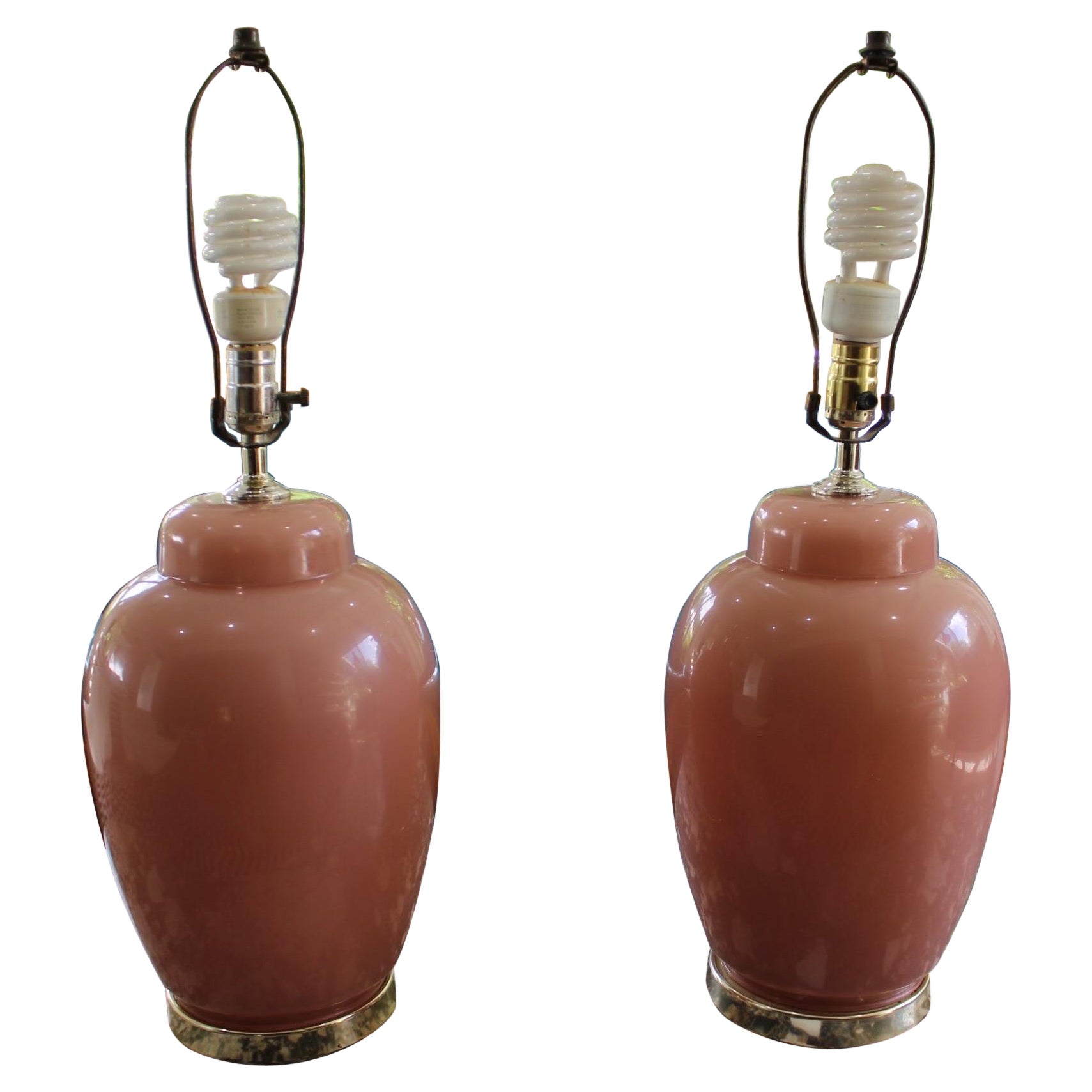 Postmodern Mauve and Gold Round Glass Table Lamps-A Pair For Sale